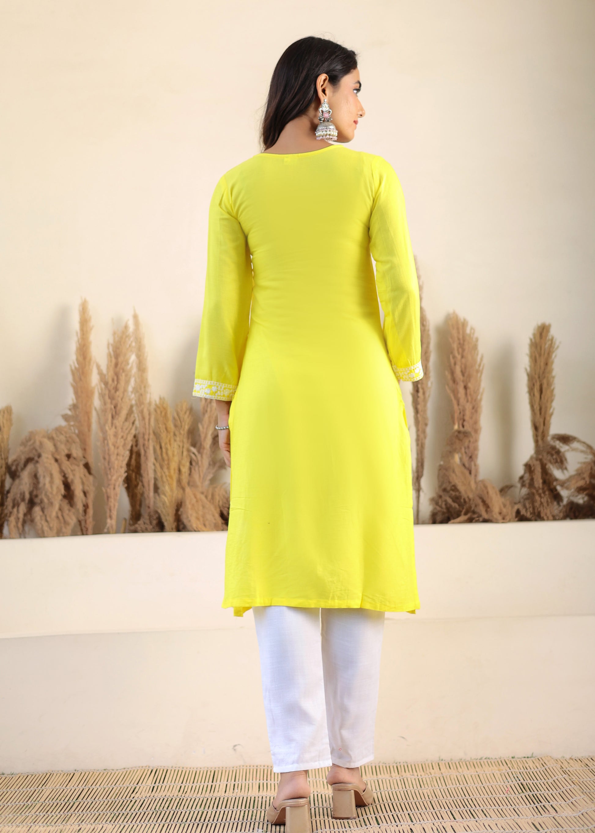 Lemon Rayon Chikankari Kurti With Dupatta And Bottom Wear 3 Piece Set For Women