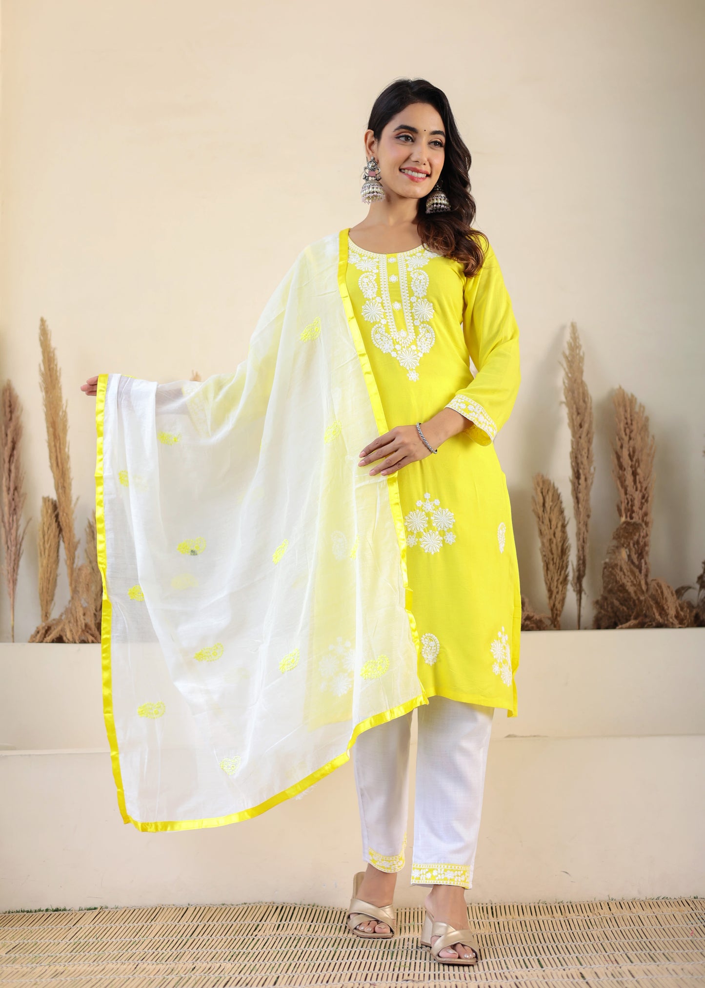 Lemon Rayon Chikankari Kurti With Dupatta And Bottom Wear 3 Piece Set For Women