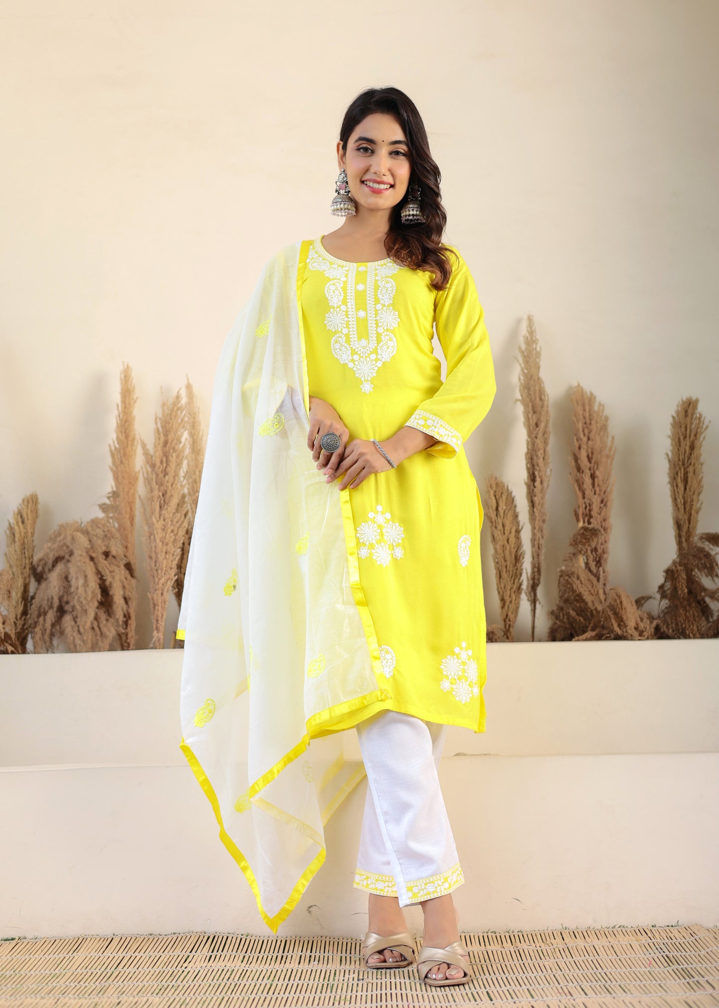 Lemon Rayon Chikankari Kurti With Dupatta And Bottom Wear 3 Piece Set For Women