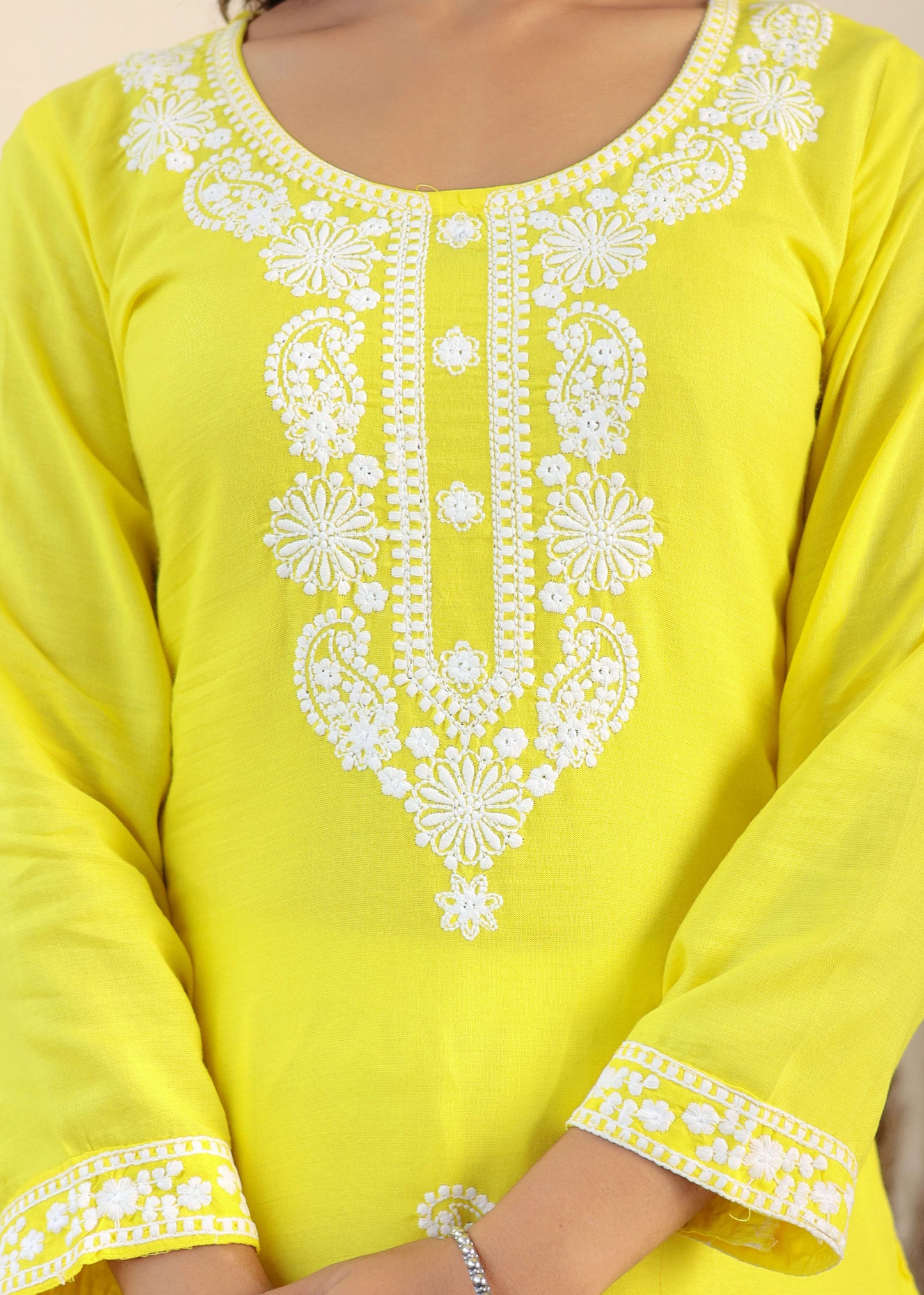 Lemon Rayon Chikankari Kurti With Dupatta And Bottom Wear 3 Piece Set For Women