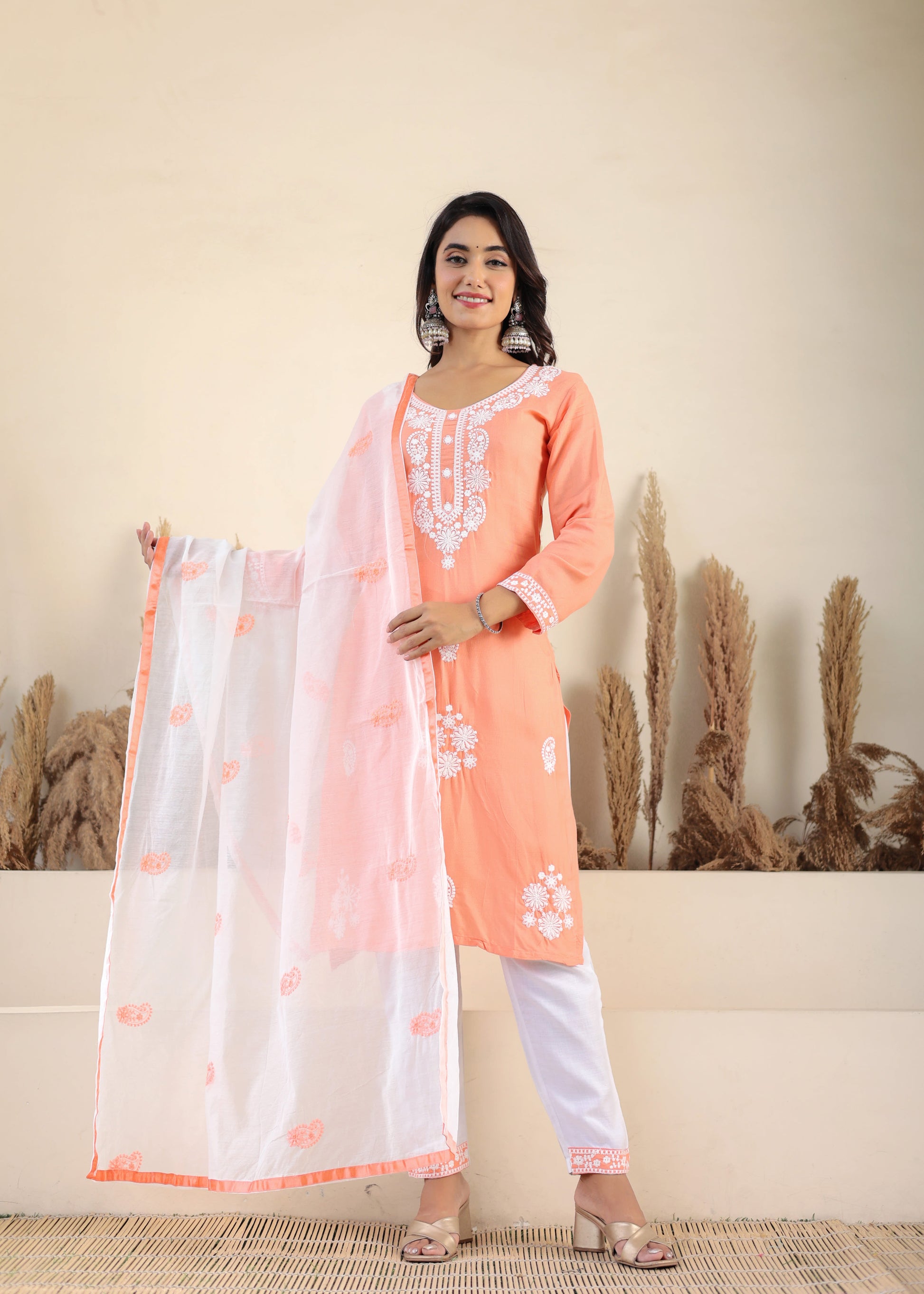 Peach Rayon Chikankari Kurti With Dupatta And Bottom Wear 3 Piece Set For Women