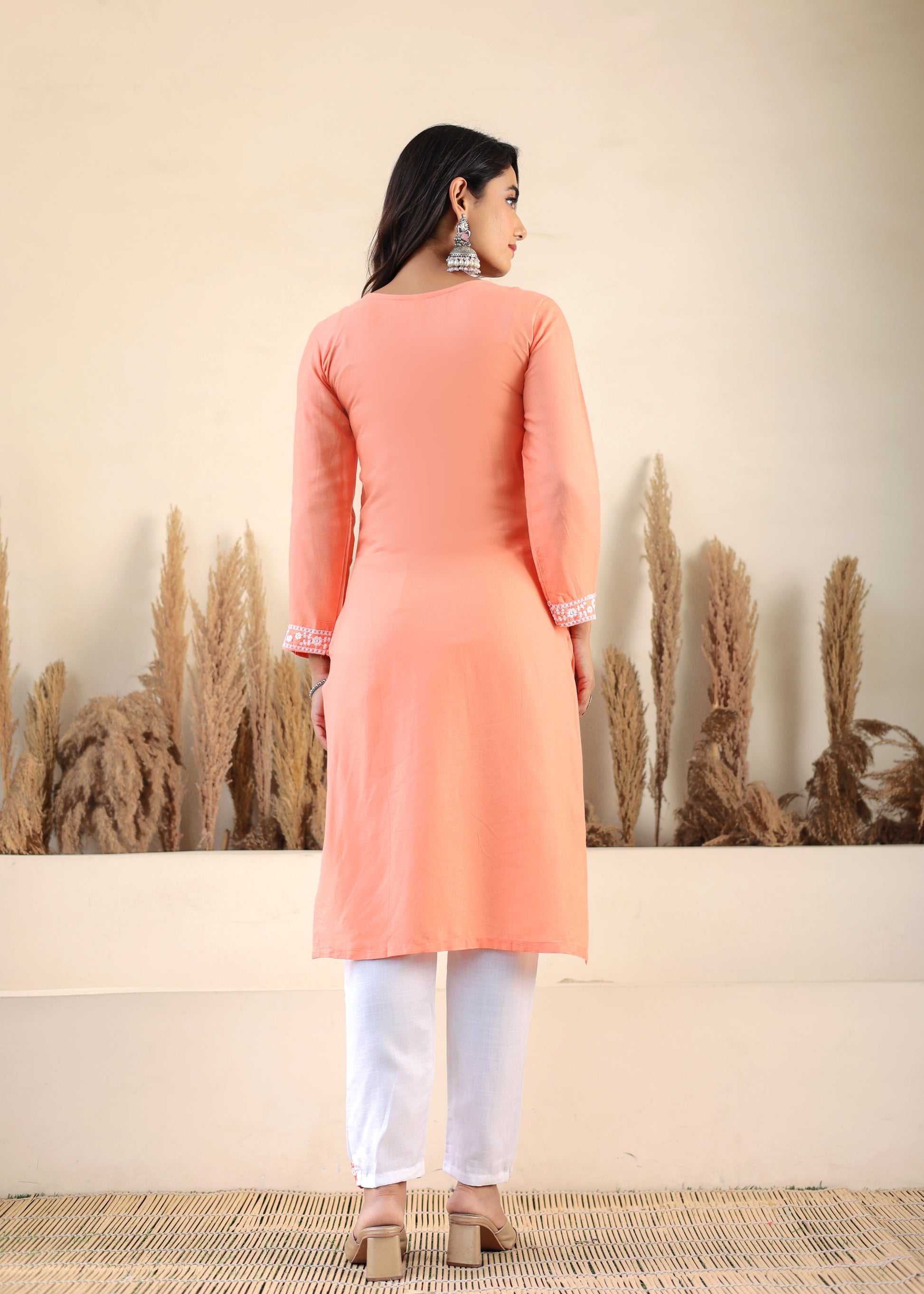 Peach Rayon Chikankari Kurti With Dupatta And Bottom Wear 3 Piece Set For Women