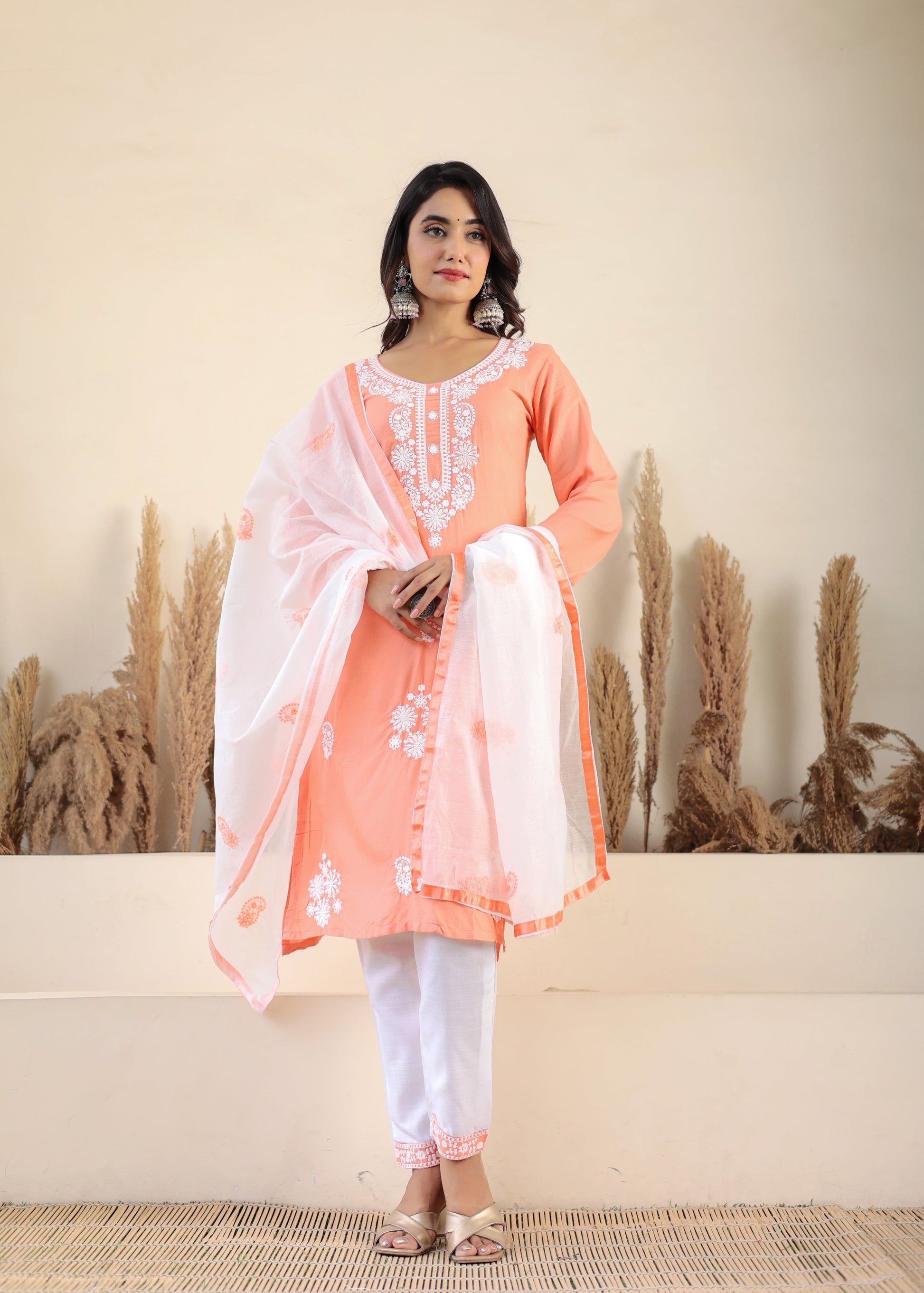Peach Rayon Chikankari Kurti With Dupatta And Bottom Wear 3 Piece Set For Women