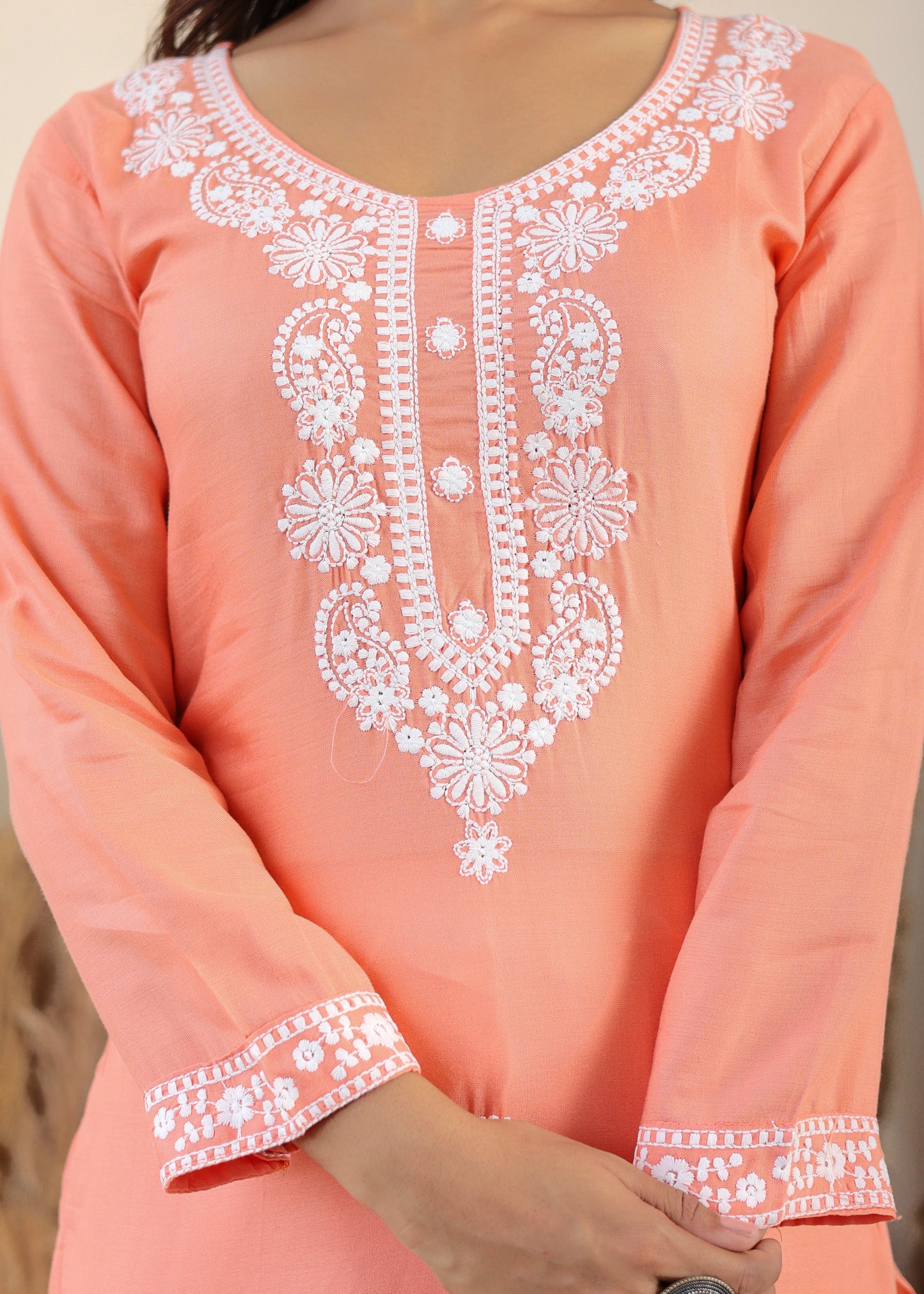 Peach Rayon Chikankari Kurti With Dupatta And Bottom Wear 3 Piece Set For Women