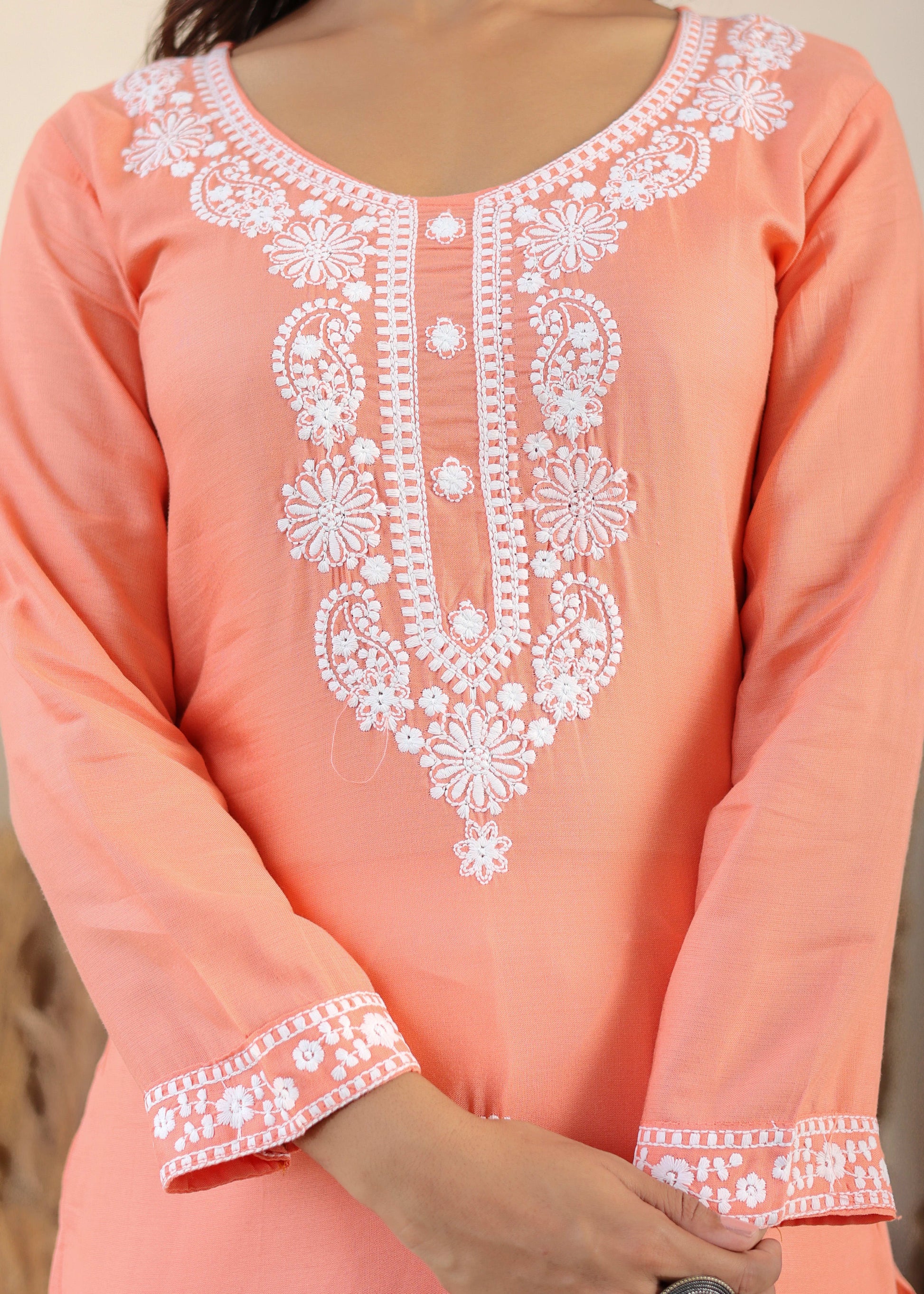 Peach Rayon Chikankari Kurti With Dupatta And Bottom Wear 3 Piece Set For Women