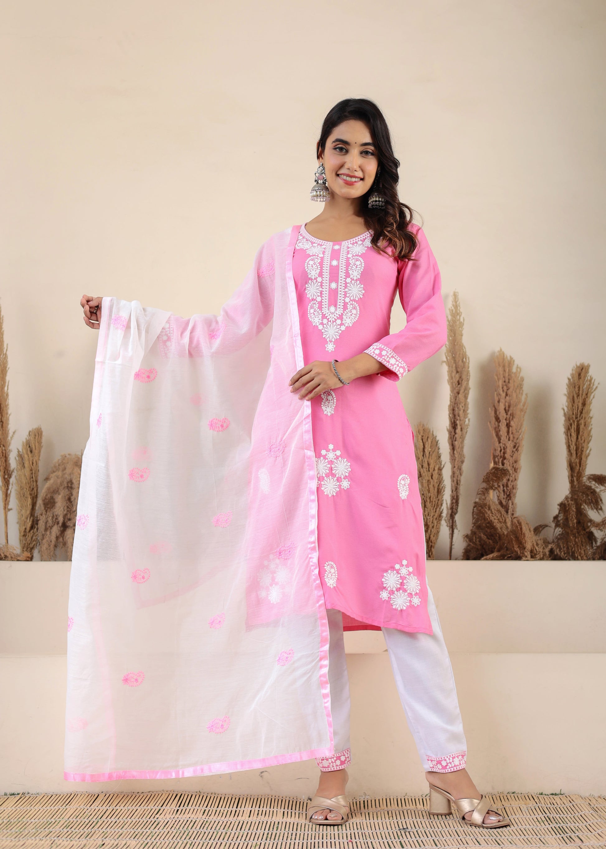 Pink Rayon Chikankari Kurti With Dupatta And Bottom Wear 3 Piece Set For Women