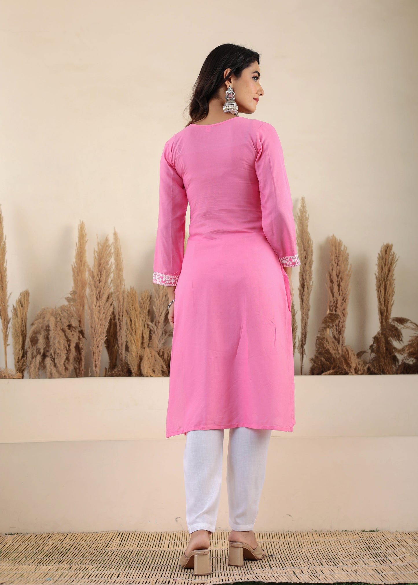 Pink Rayon Chikankari Kurti With Dupatta And Bottom Wear 3 Piece Set For Women