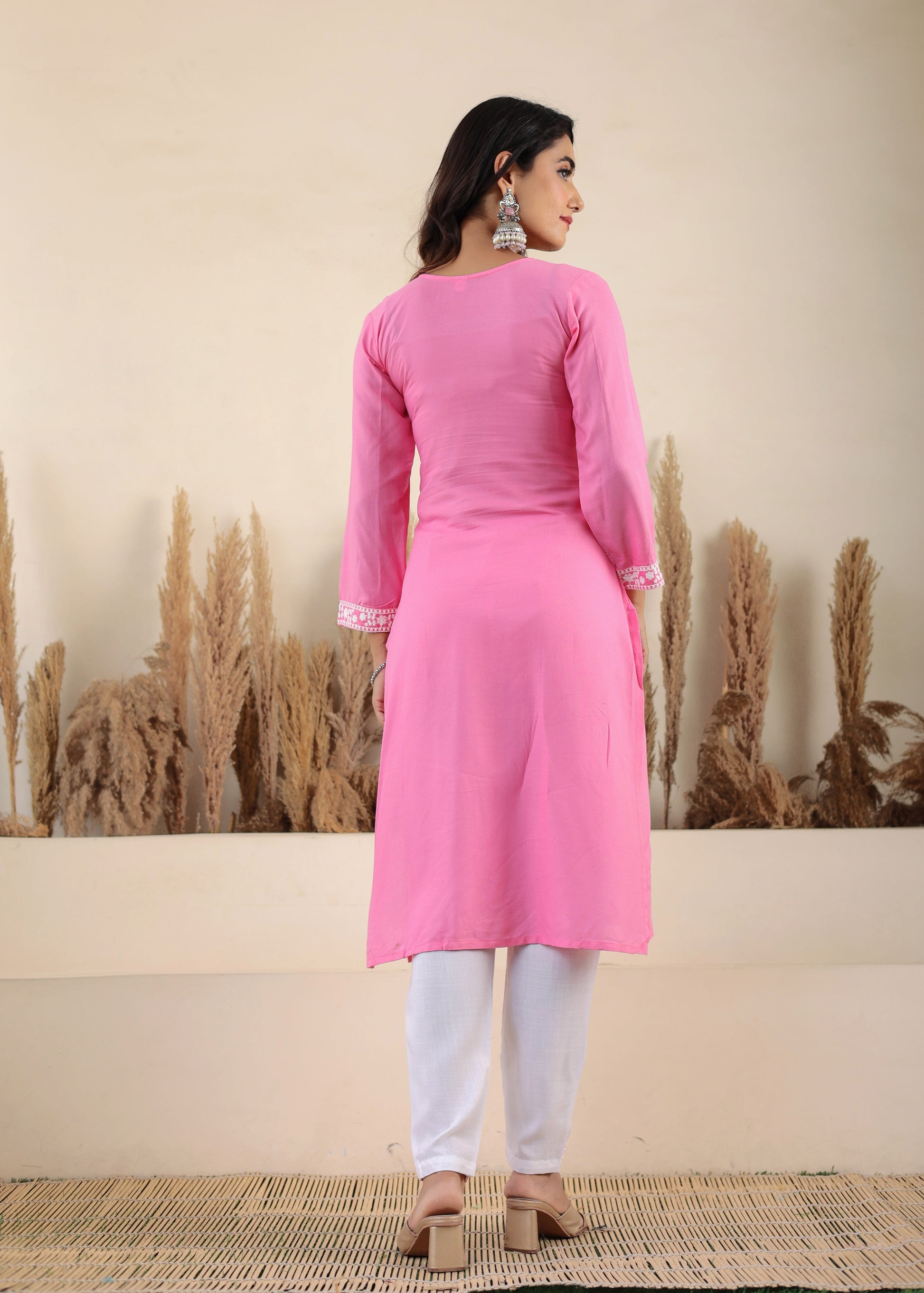 Pink Rayon Chikankari Kurti With Dupatta And Bottom Wear 3 Piece Set For Women
