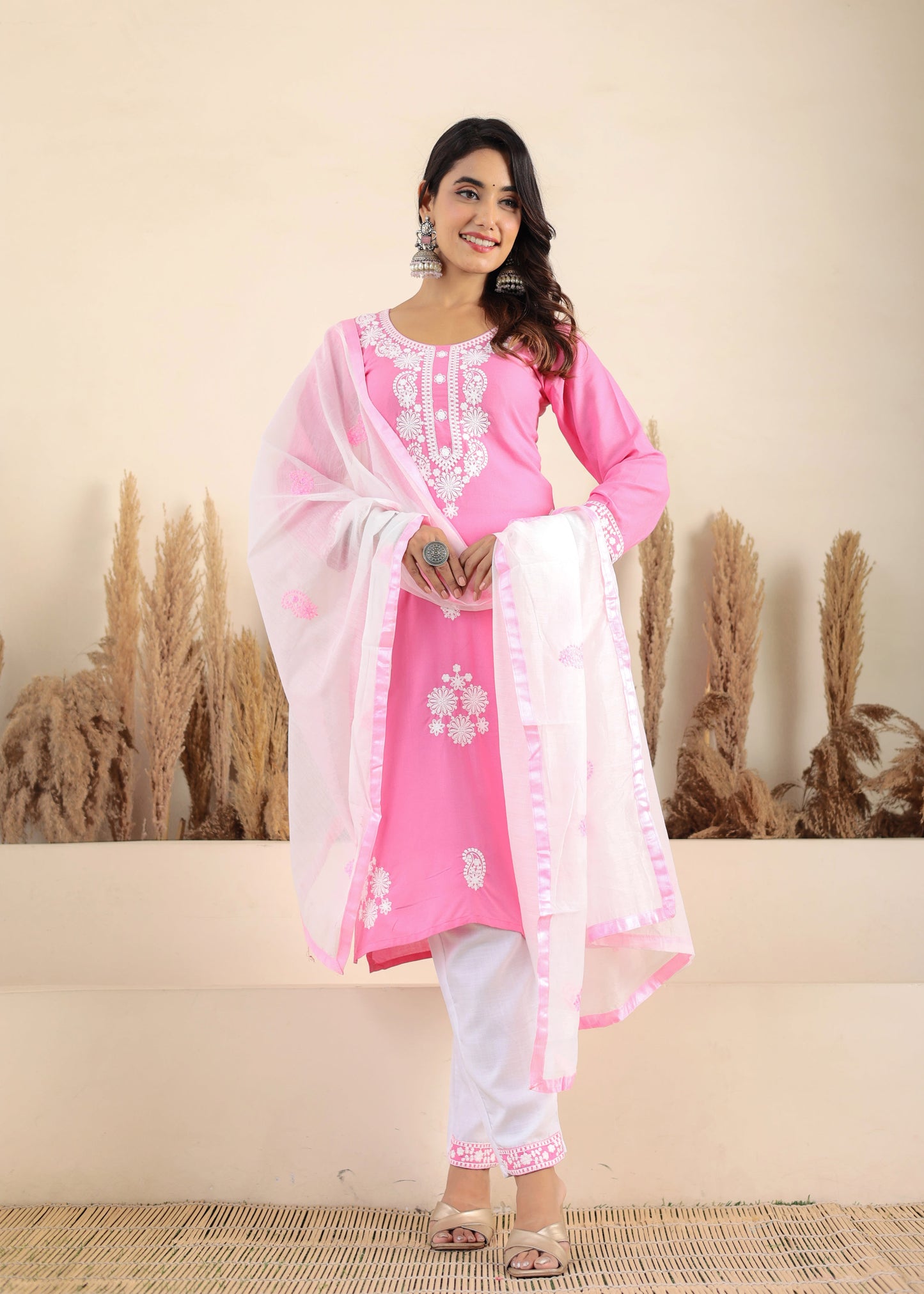 Pink Rayon Chikankari Kurti With Dupatta And Bottom Wear 3 Piece Set For Women