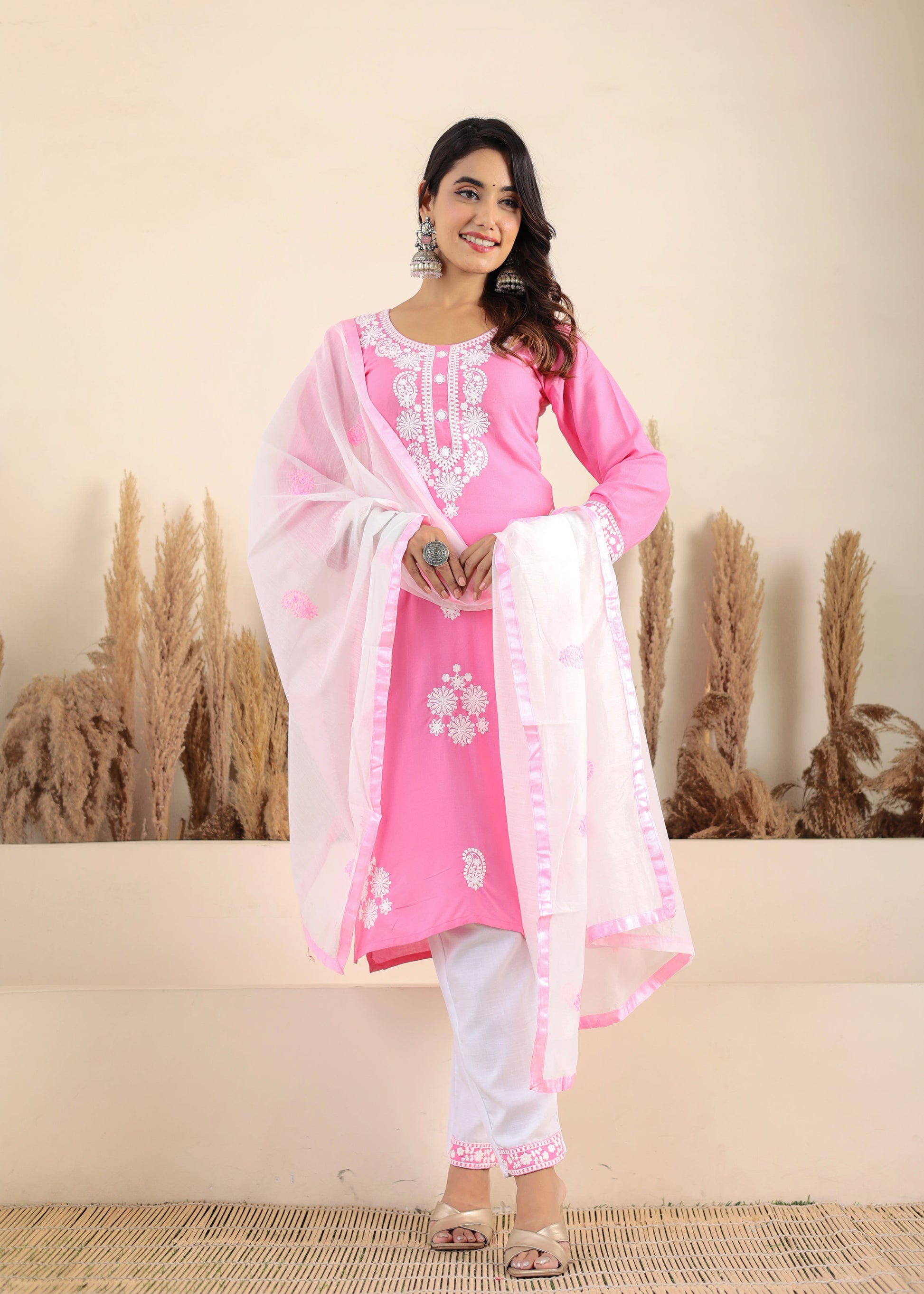 Pink Rayon Chikankari Kurti With Dupatta And Bottom Wear 3 Piece Set For Women