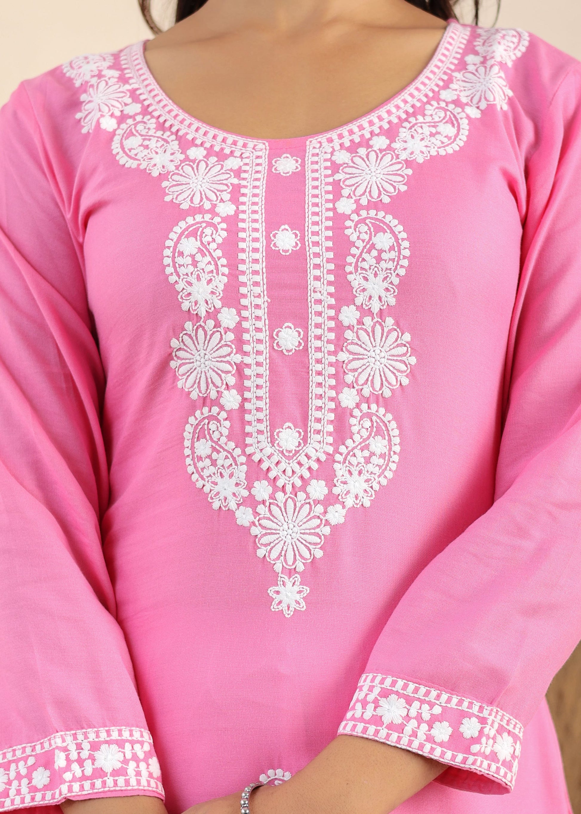 Pink Rayon Chikankari Kurti With Dupatta And Bottom Wear 3 Piece Set For Women