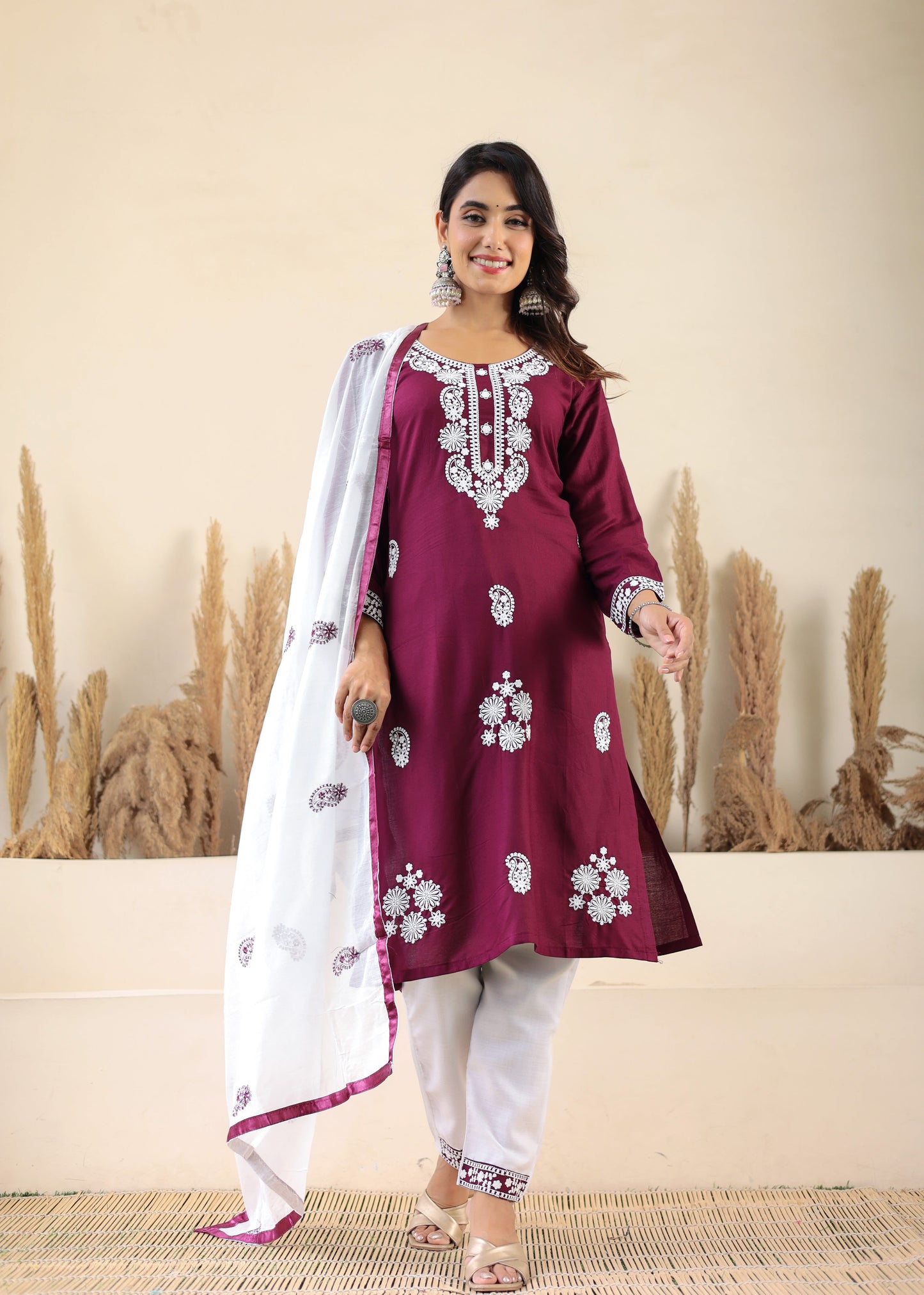 Wine Rayon Chikankari Kurti With Dupatta And Bottom Wear 3 Piece Set For Women