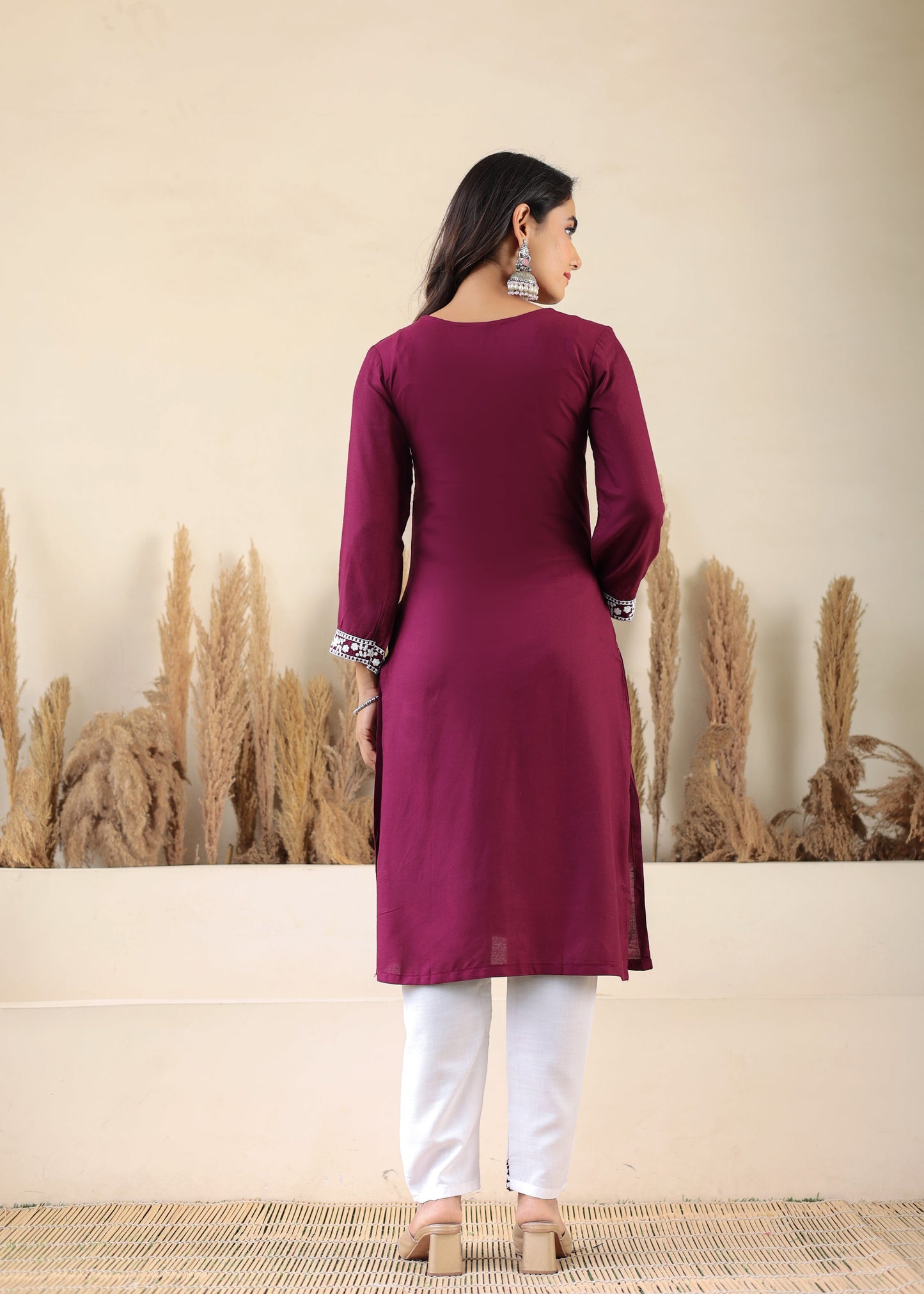Wine Rayon Chikankari Kurti With Dupatta And Bottom Wear 3 Piece Set For Women
