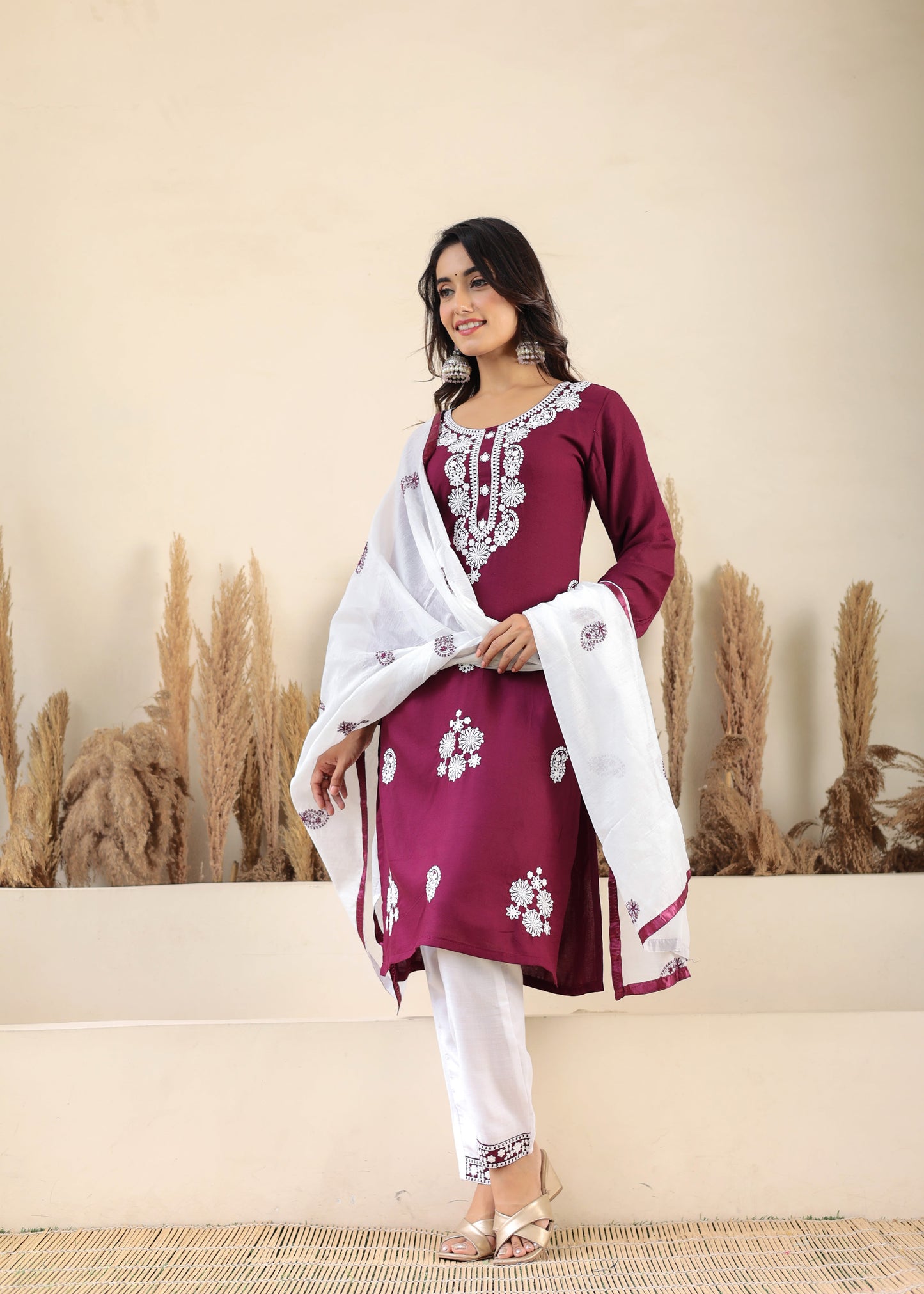 Wine Rayon Chikankari Kurti With Dupatta And Bottom Wear 3 Piece Set For Women