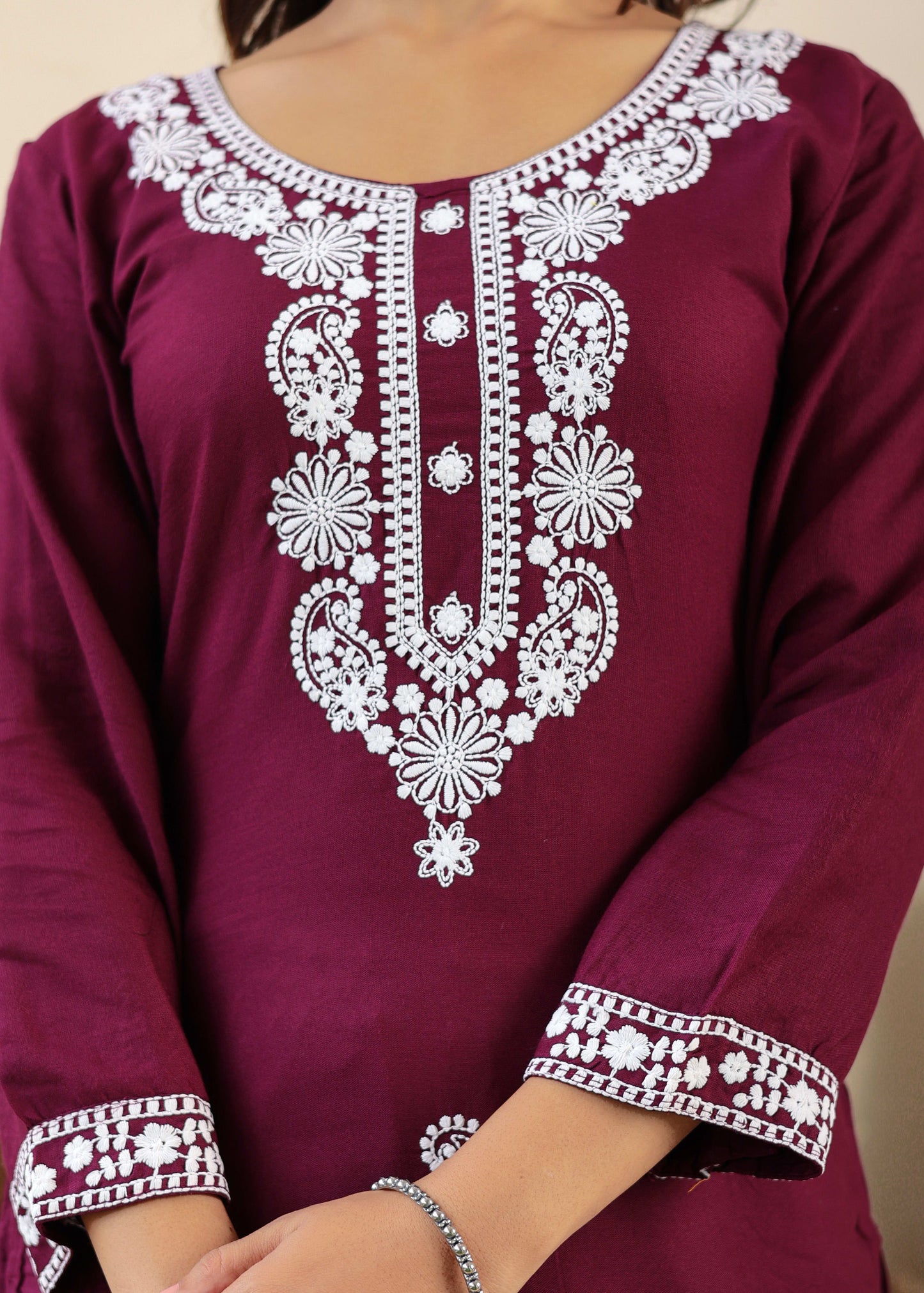 Wine Rayon Chikankari Kurti With Dupatta And Bottom Wear 3 Piece Set For Women