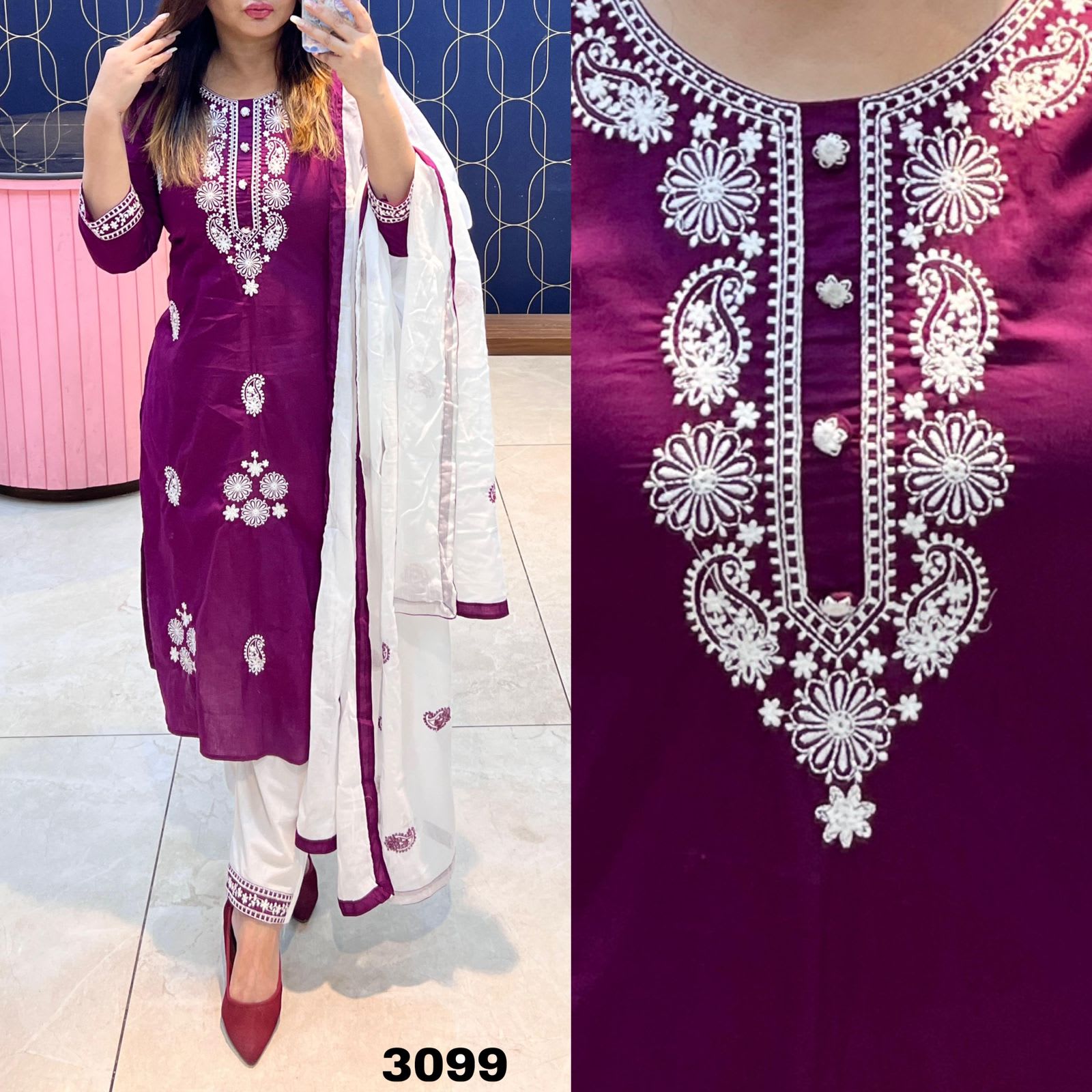 WINE Elegant Embroidered Kurta Set with Dupatta for Women