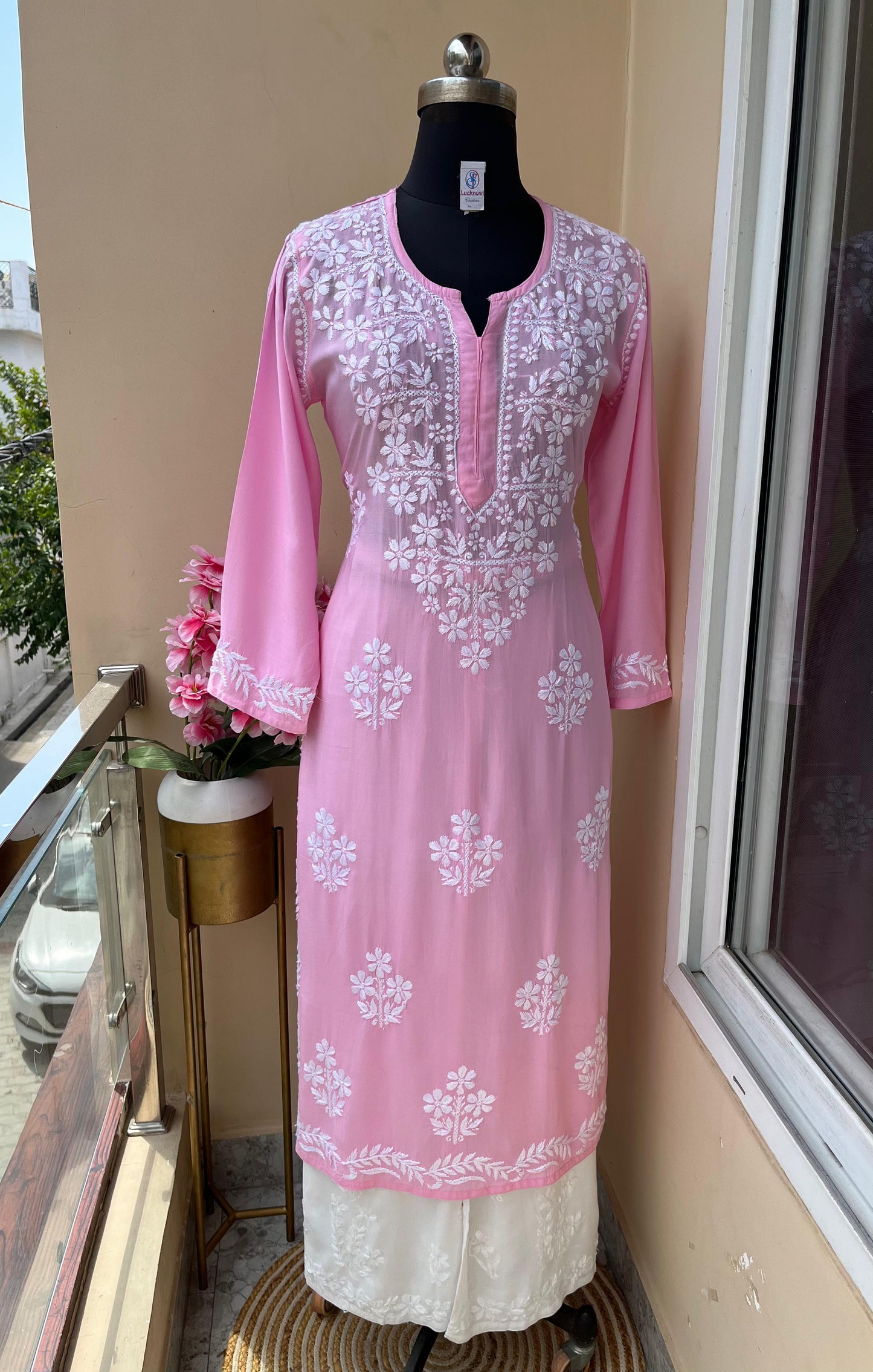 Baby Pink Rayon Kurti And Plazzo Set For Women