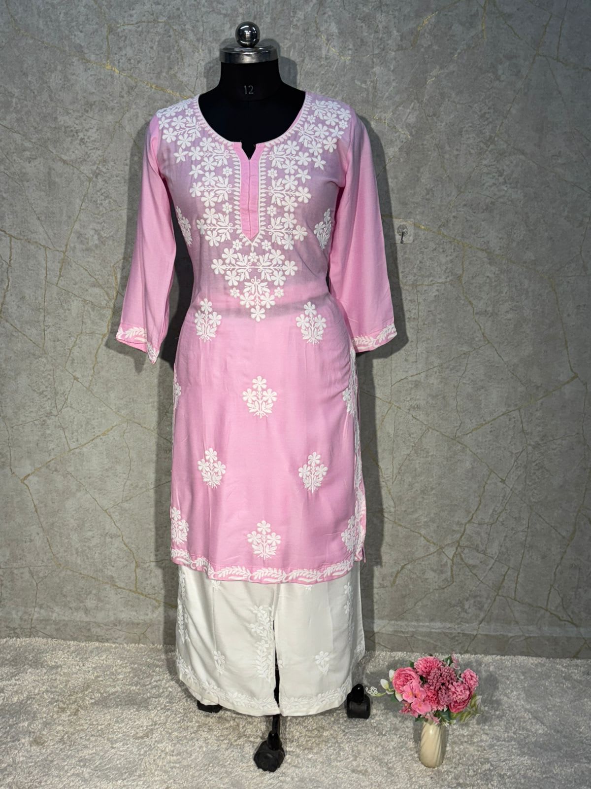 Baby Pink Rayon Kurti And Plazzo Set For Women