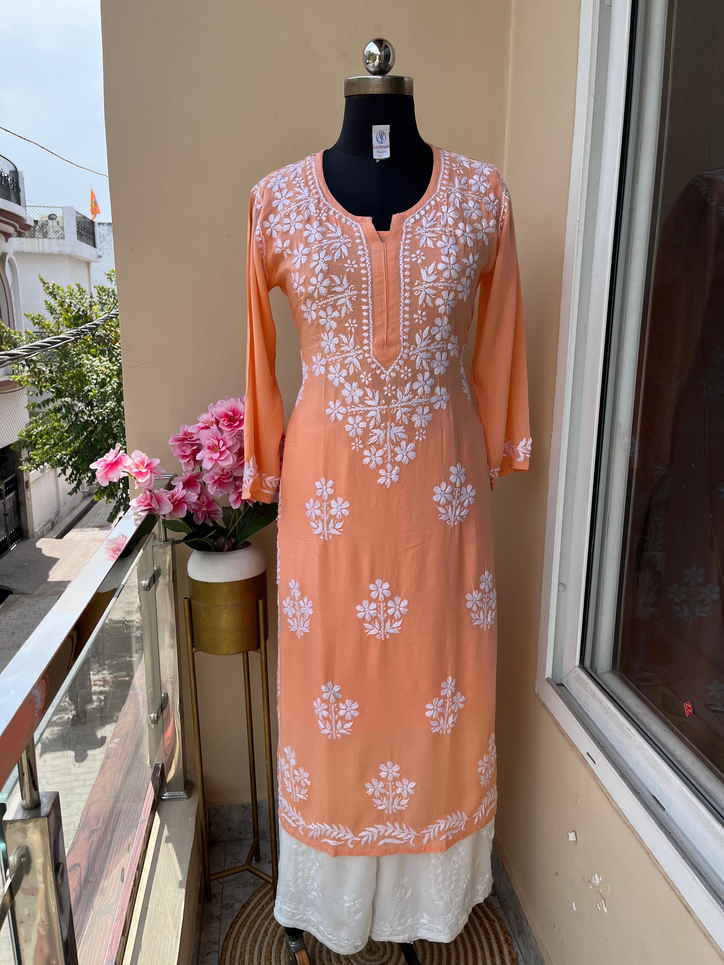 Peach Rayon Kurti And Plazzo Set For Women
