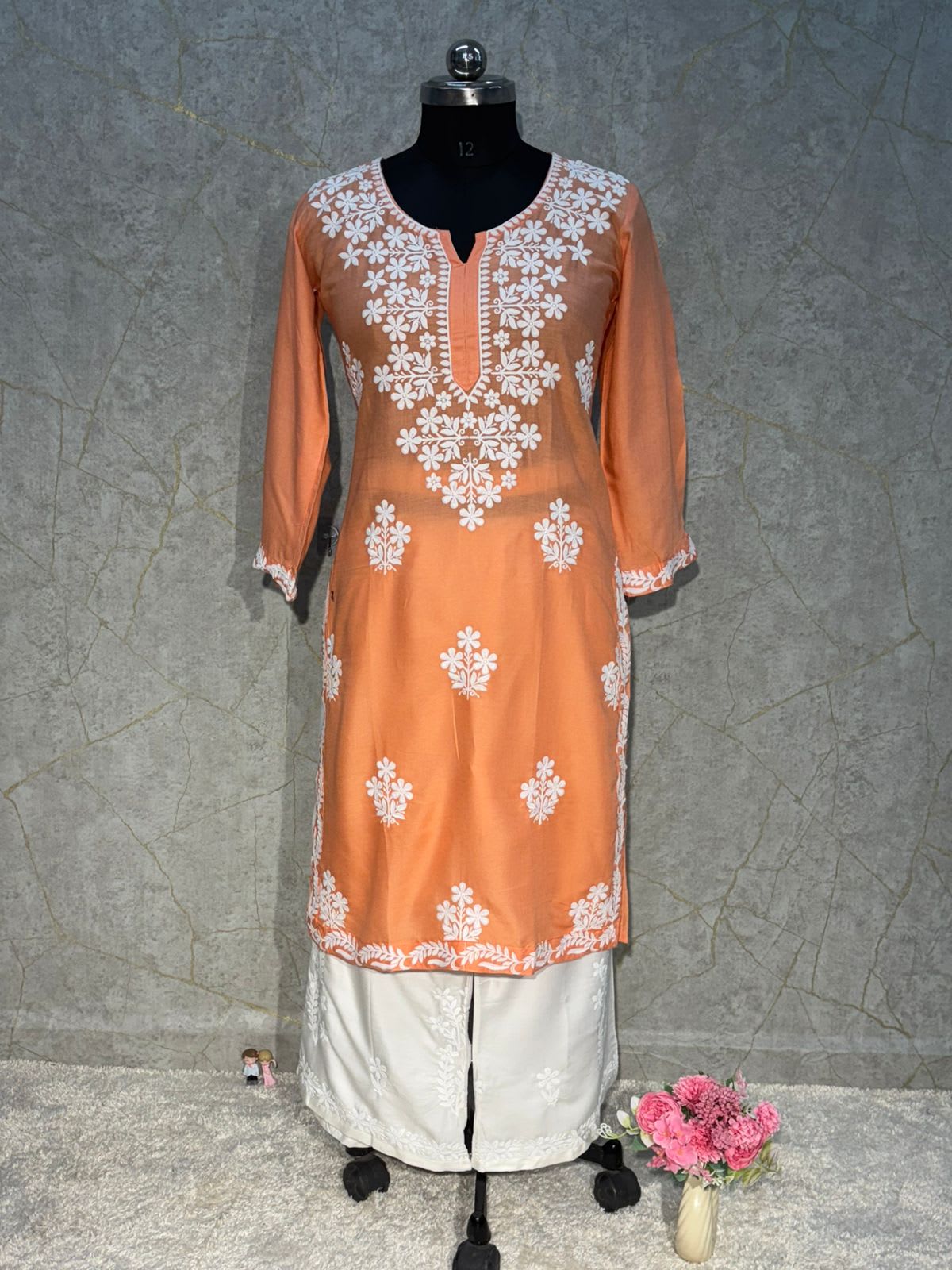Peach Rayon Kurti And Plazzo Set For Women