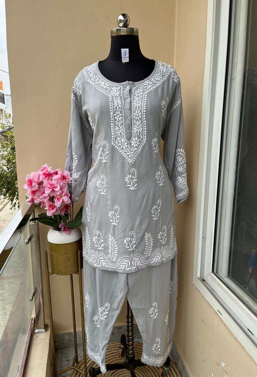 GREY Women Embroidered Straight Kurta & Plazzo