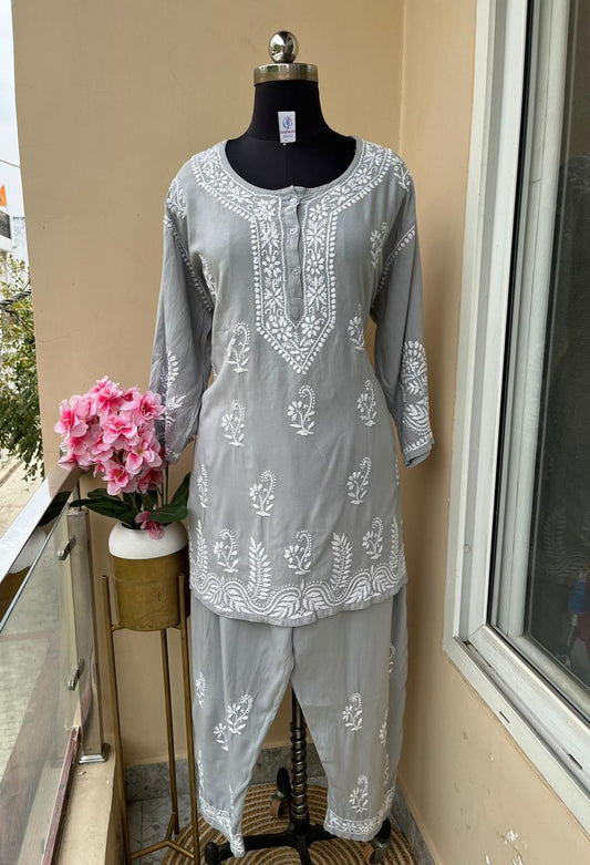 GREY Women Embroidered Straight Kurta & Plazzo