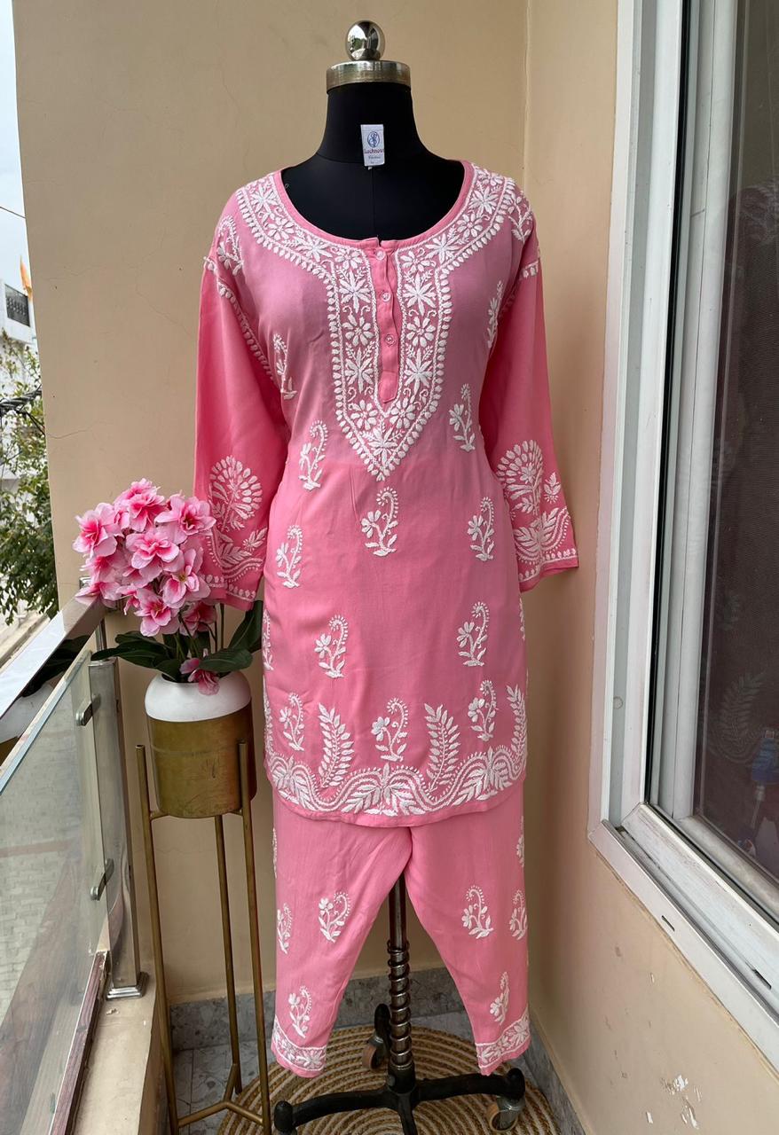 PINK Women Embroidered Straight Kurta & Plazzo