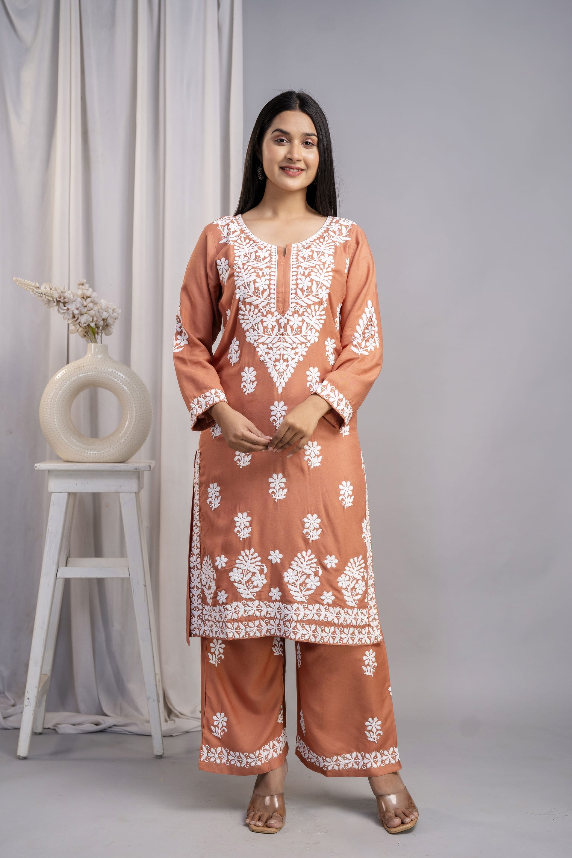 MISTY ROSE Chikankari Kurti and Plazzo Set for Girls and Women (Modal Kurti)