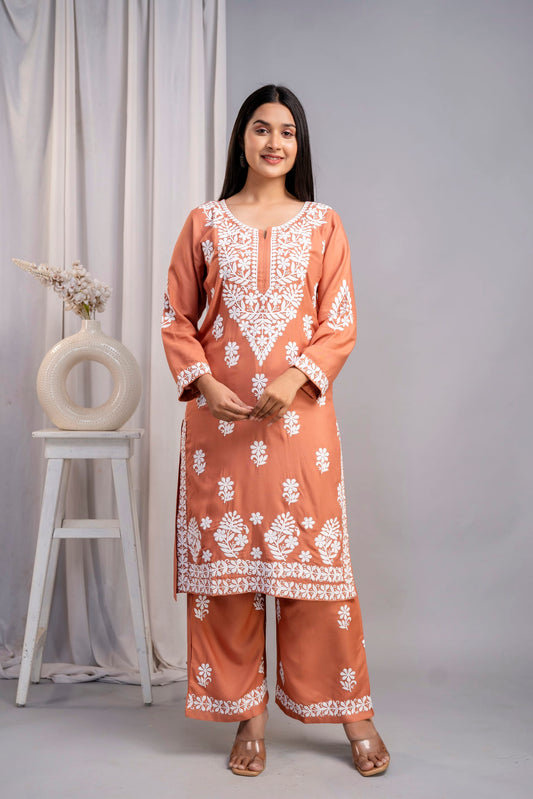 MISTY ROSE Chikankari Kurti and Plazzo Set for Girls and Women (Modal Kurti)