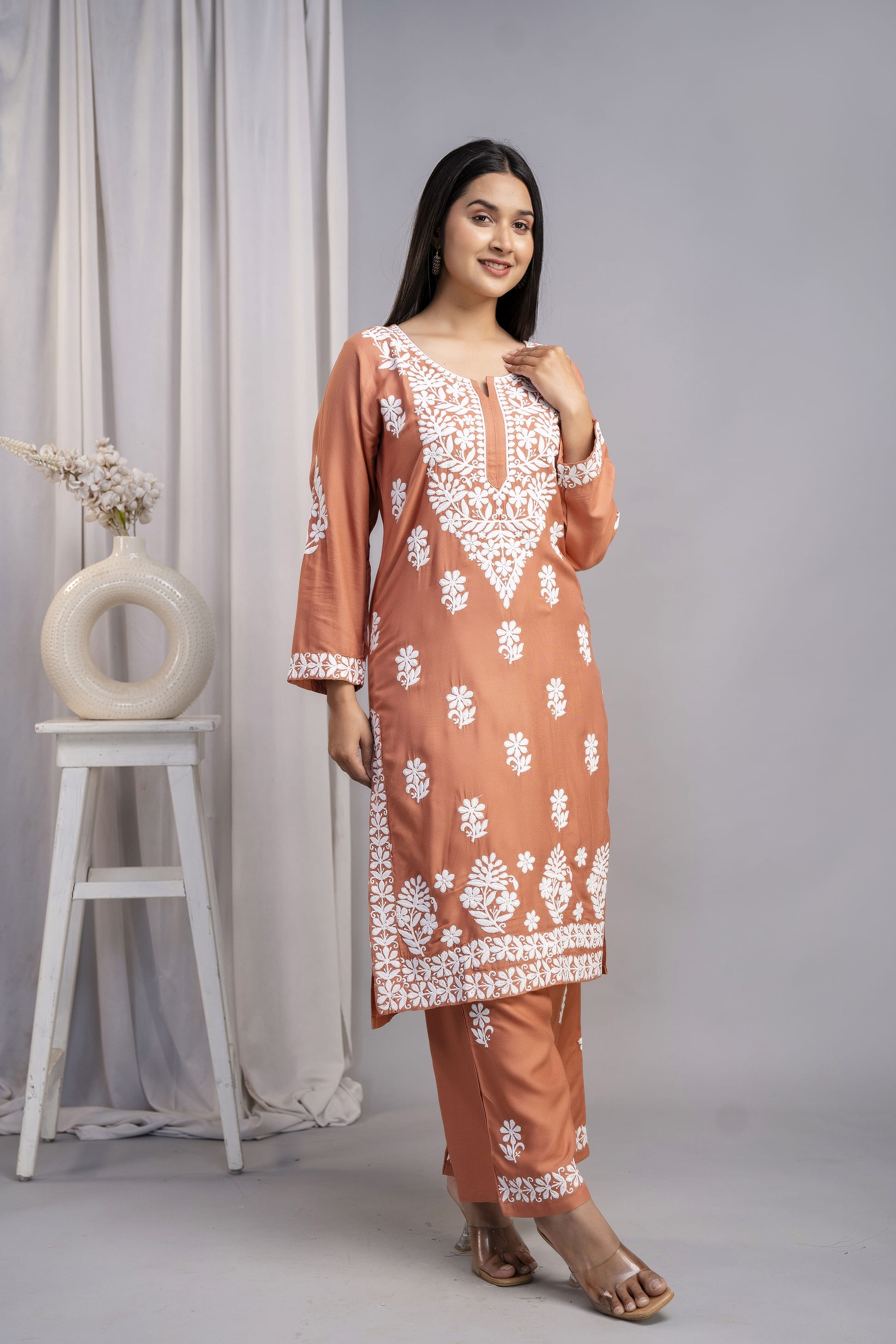 MISTY ROSE Chikankari Kurti and Plazzo Set for Girls and Women (Modal Kurti)