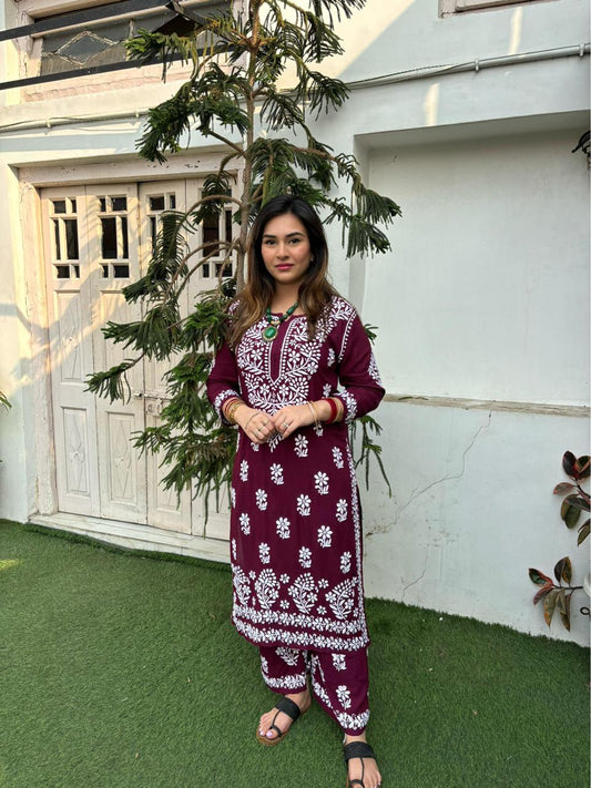 Wine Chikankari Kurti Set Online At Best Price For Women