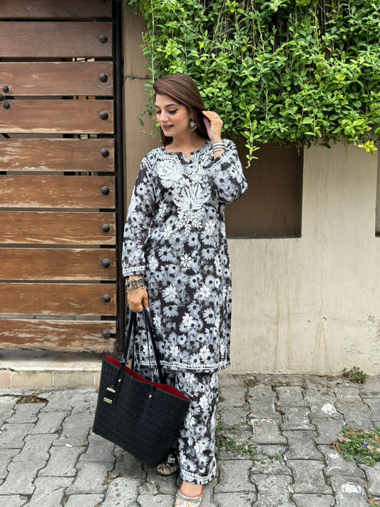 Black Printed Kurti With Plazo Set For Women