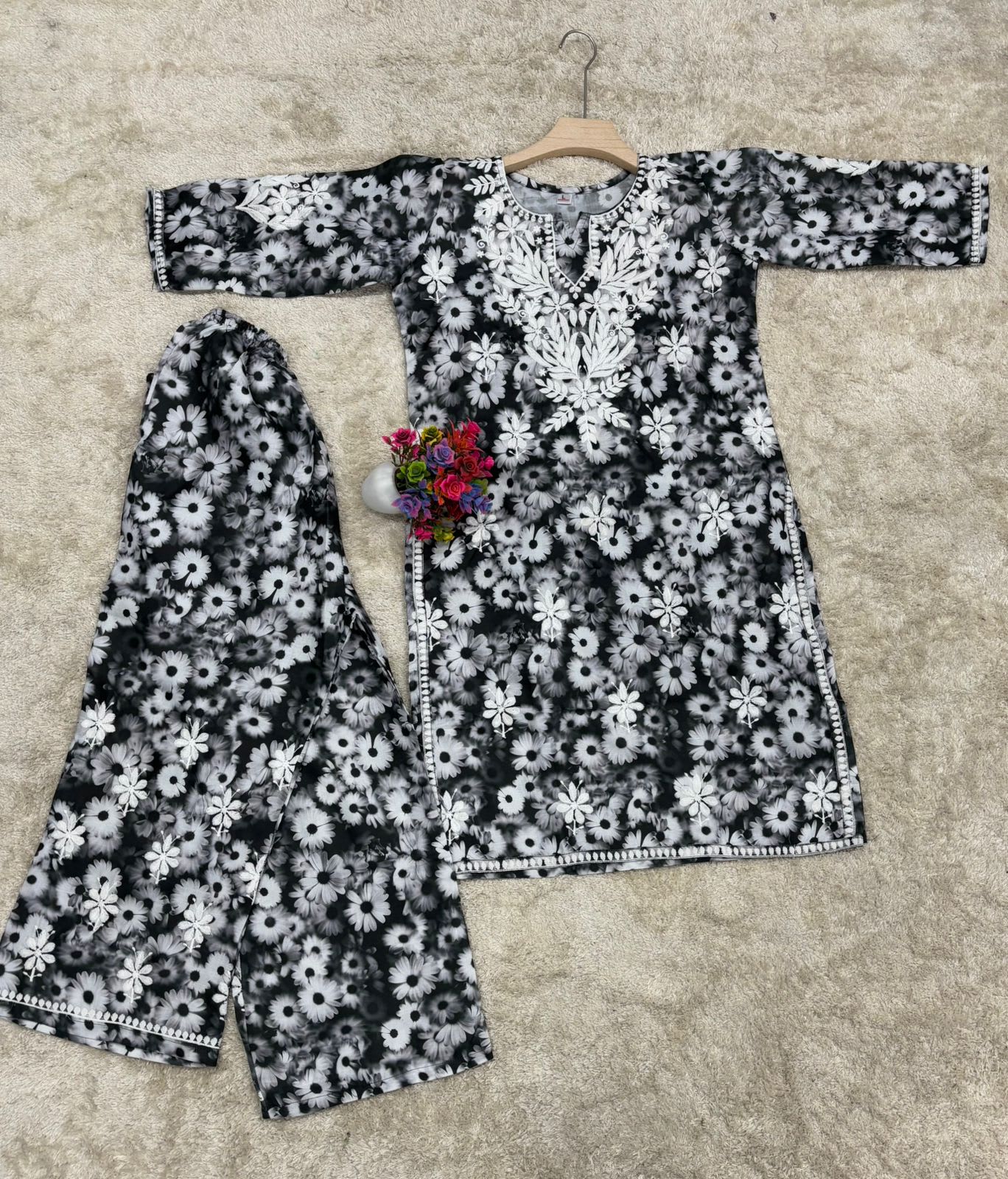 Black Printed Kurti With Plazo Set For Women