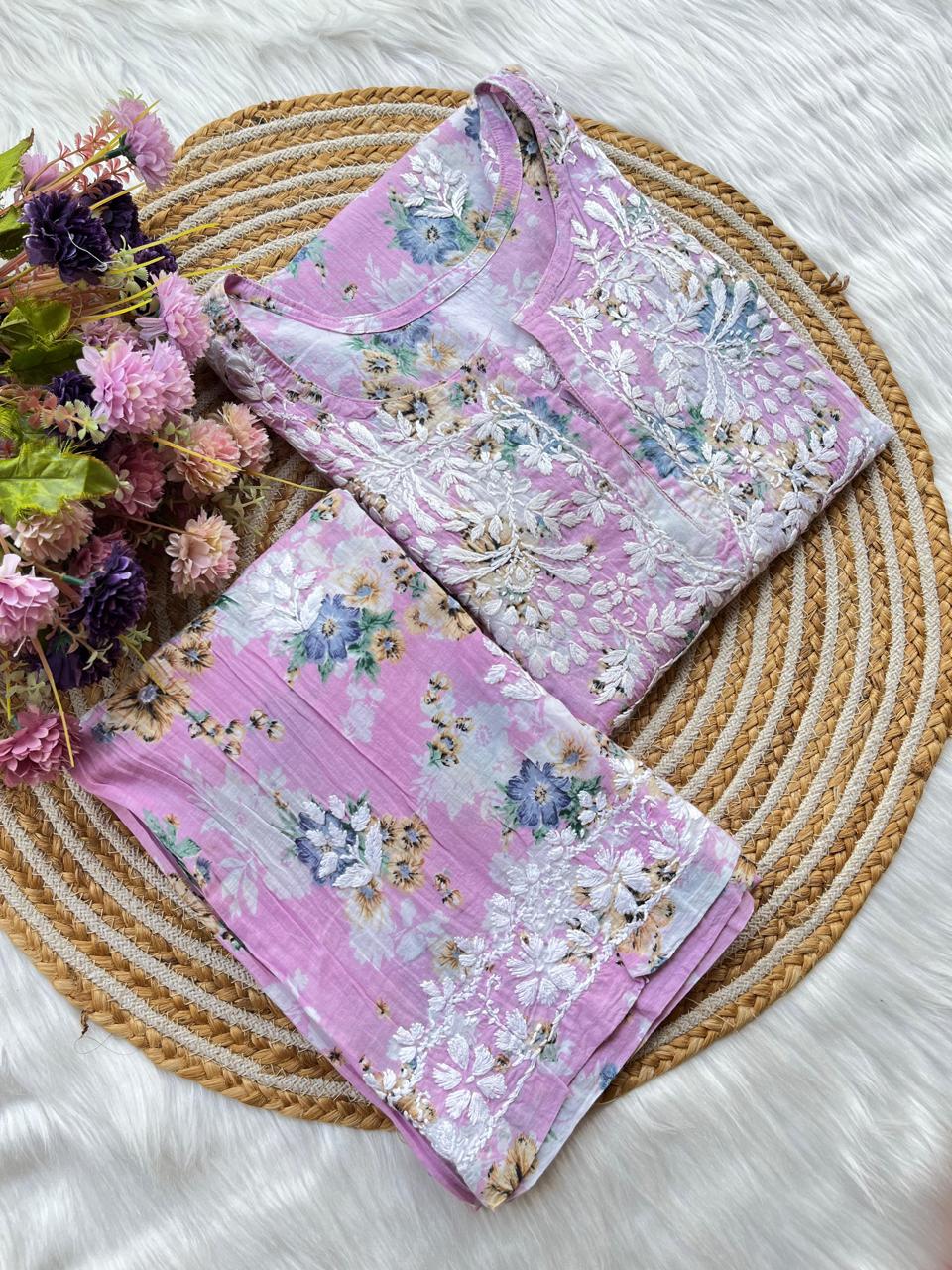 Baby Pink Floral Print rayon Chikankari Kurta Set For Women