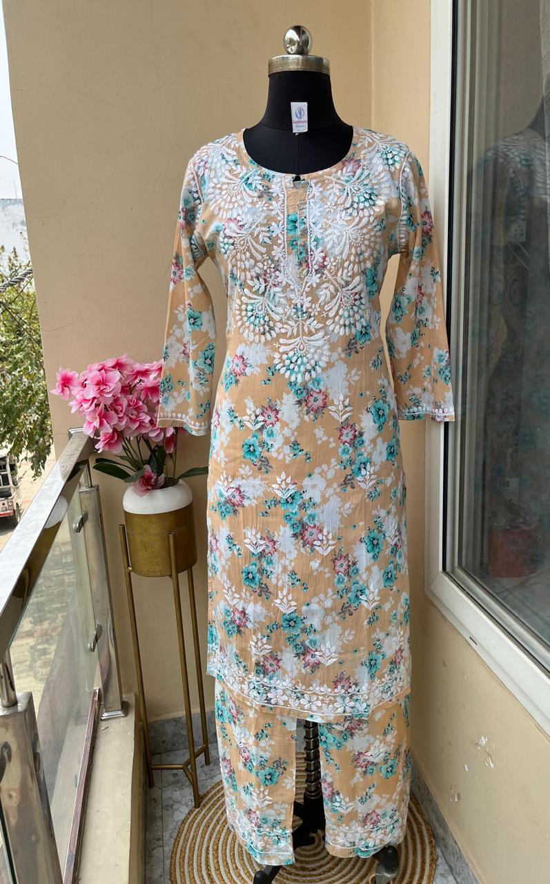 Chiku Floral Print Rayon Chikankari Kurta Set For Women