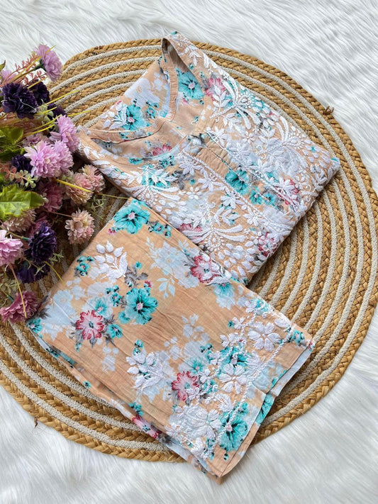 Chiku Floral Print Rayon Chikankari Kurta Set For Women