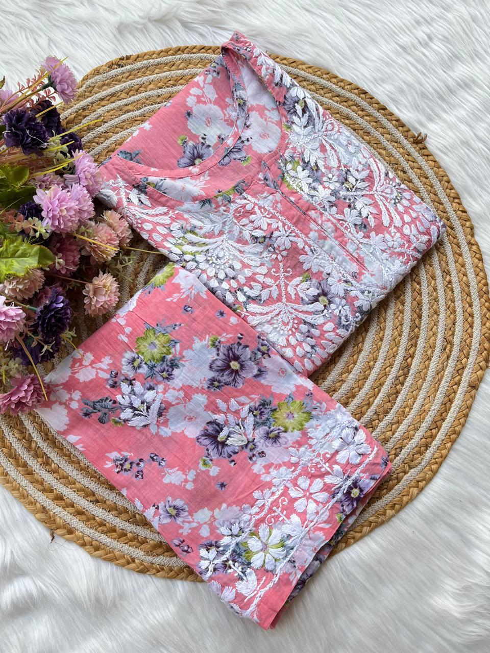 Gajari Floral Print Rayon Chikankari Kurta Set For Women