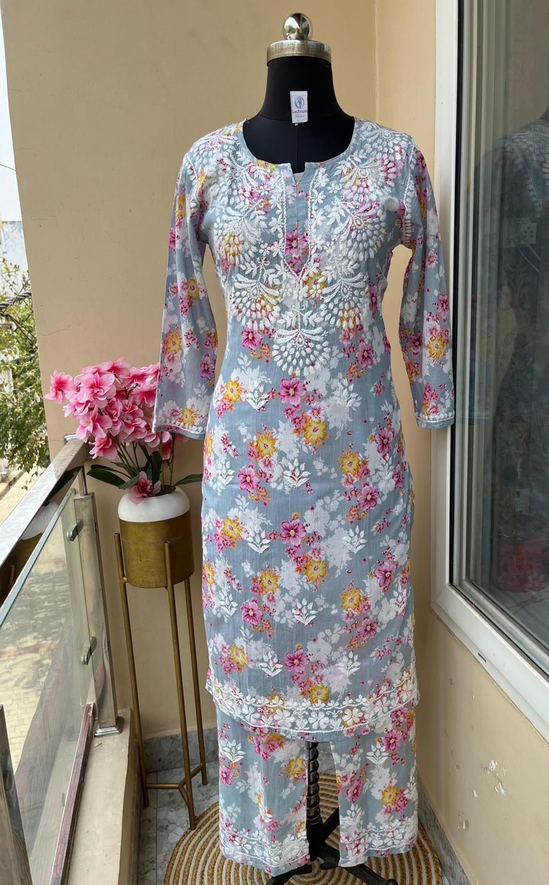 Grey Floral Print Rayon  Chikankari Kurta Set For Women