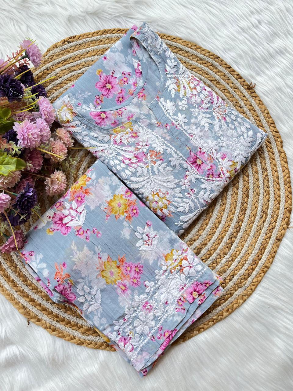 Grey Floral Print Rayon  Chikankari Kurta Set For Women