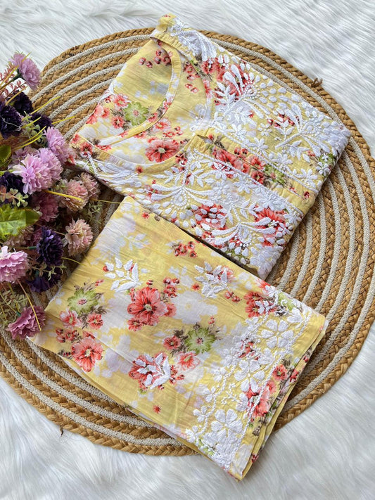 Lemon Floral Print Rayon Chikankari Kurta Set For Women