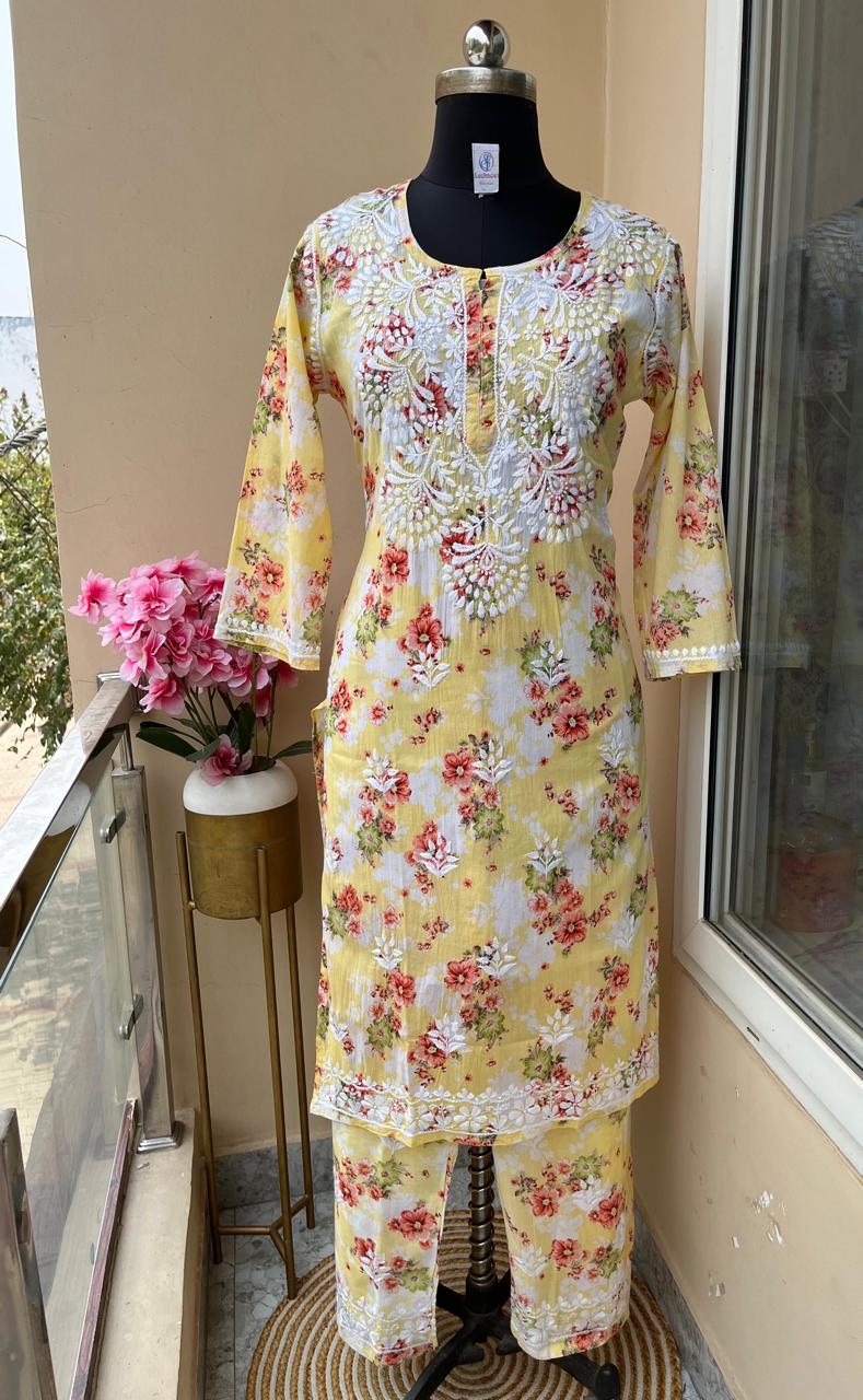 Lemon Floral Print Rayon Chikankari Kurta Set For Women