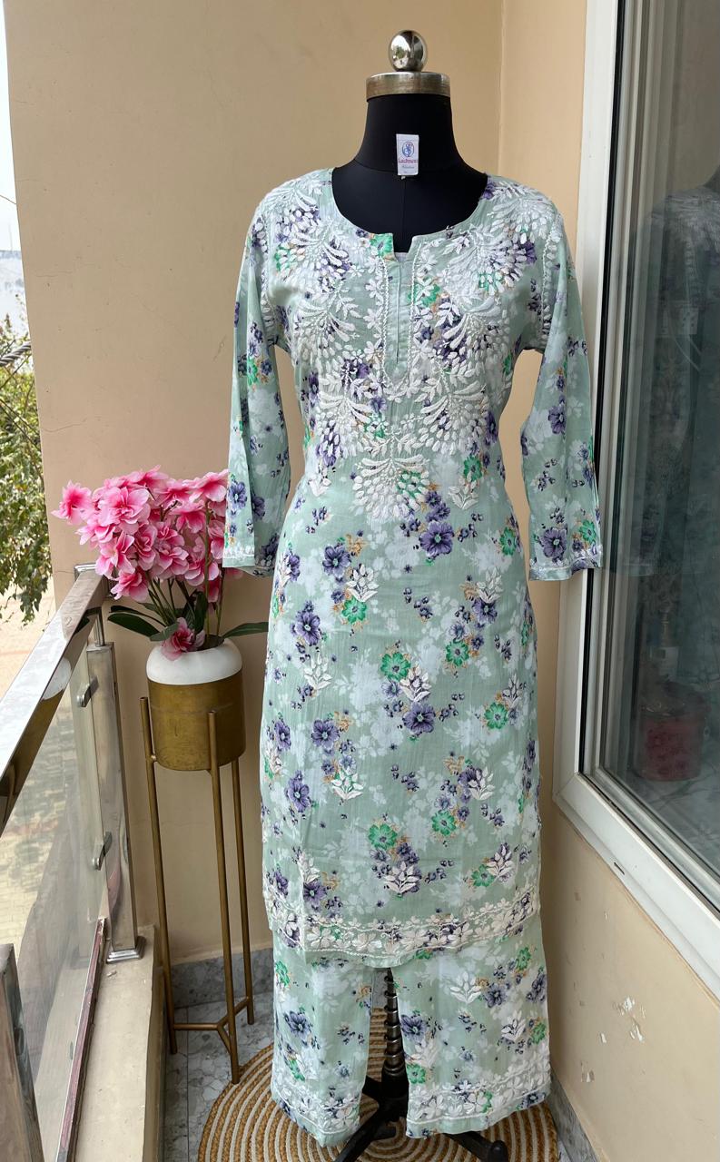 Rama Green Floral Print Rayon Chikankari Kurta Set For Women