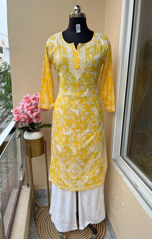 Yellow  Rayon Printed Kurti With Plazo Set For Women