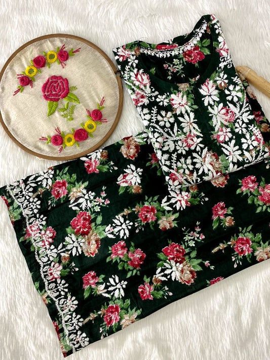 Green Chikankari Printed Rayon Kurti Set  For Women