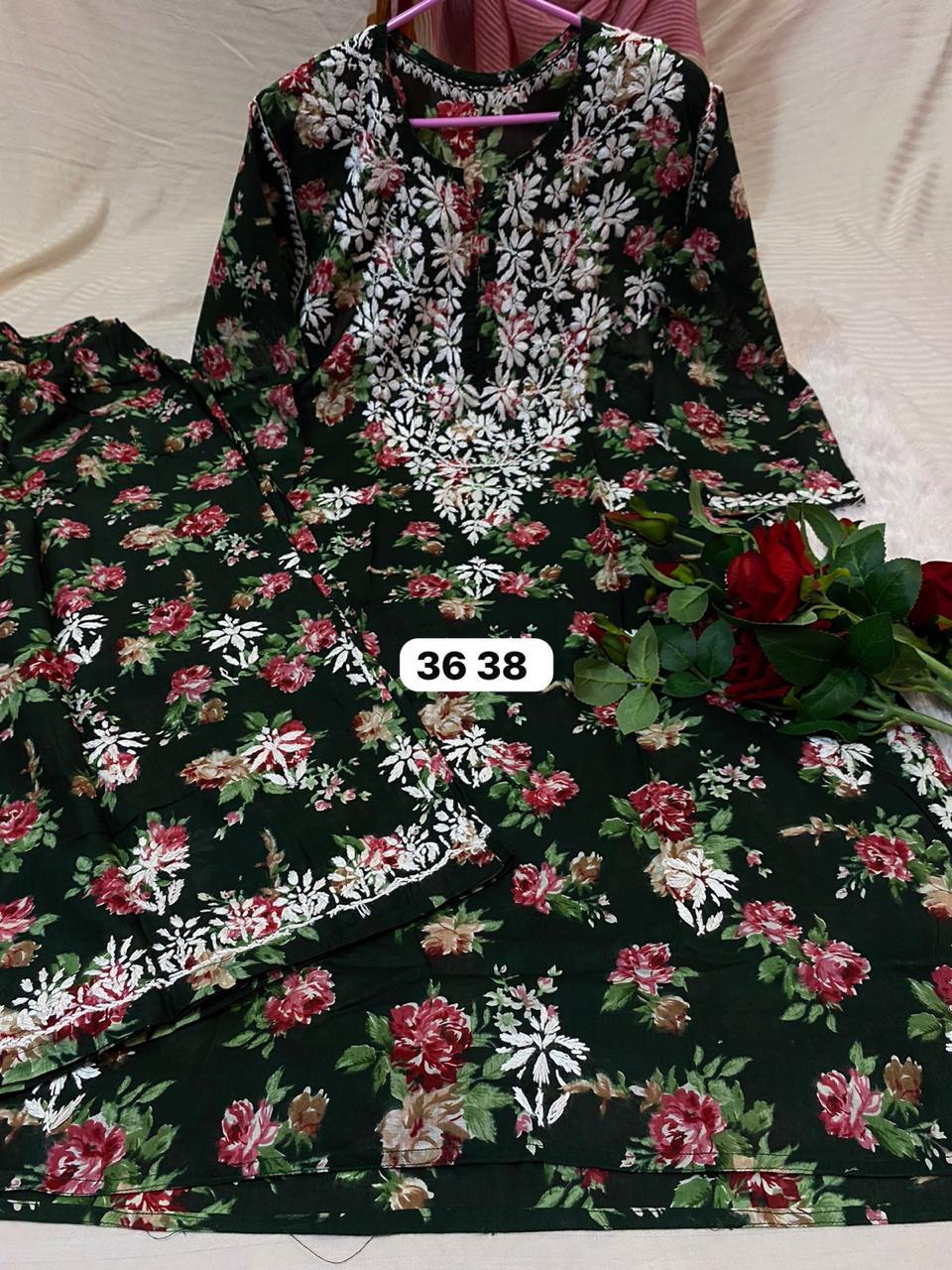 Green Chikankari Printed Rayon Kurti Set  For Women