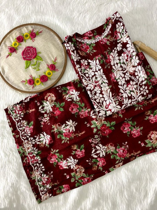 Maroon Chikankari Printed Kurti Set  For Women