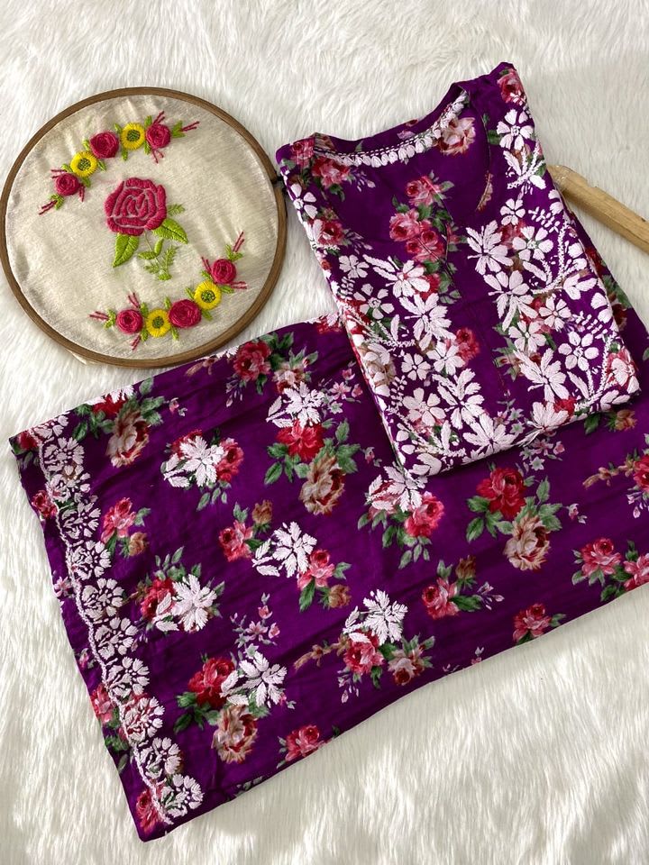 Purple Chikankari Printed Rayon Kurti Set For Women