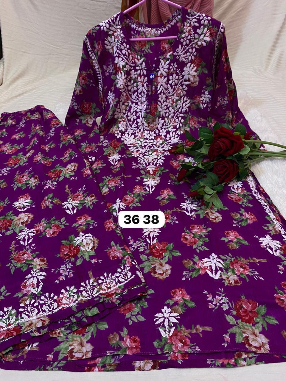 Purple Chikankari Printed Rayon Kurti Set For Women