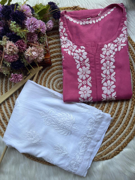 DARK PINK Chikankari Kurta Set For Women