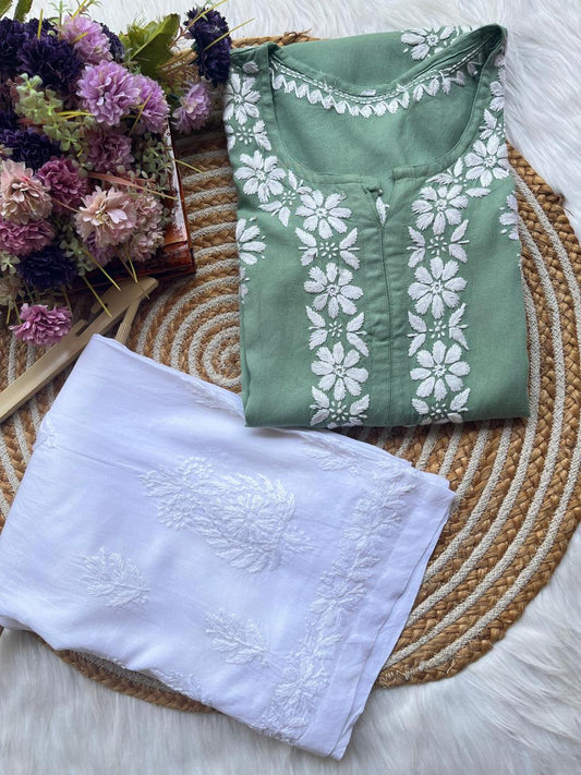 RAMA GREEN Chikankari Kurta Set For Women